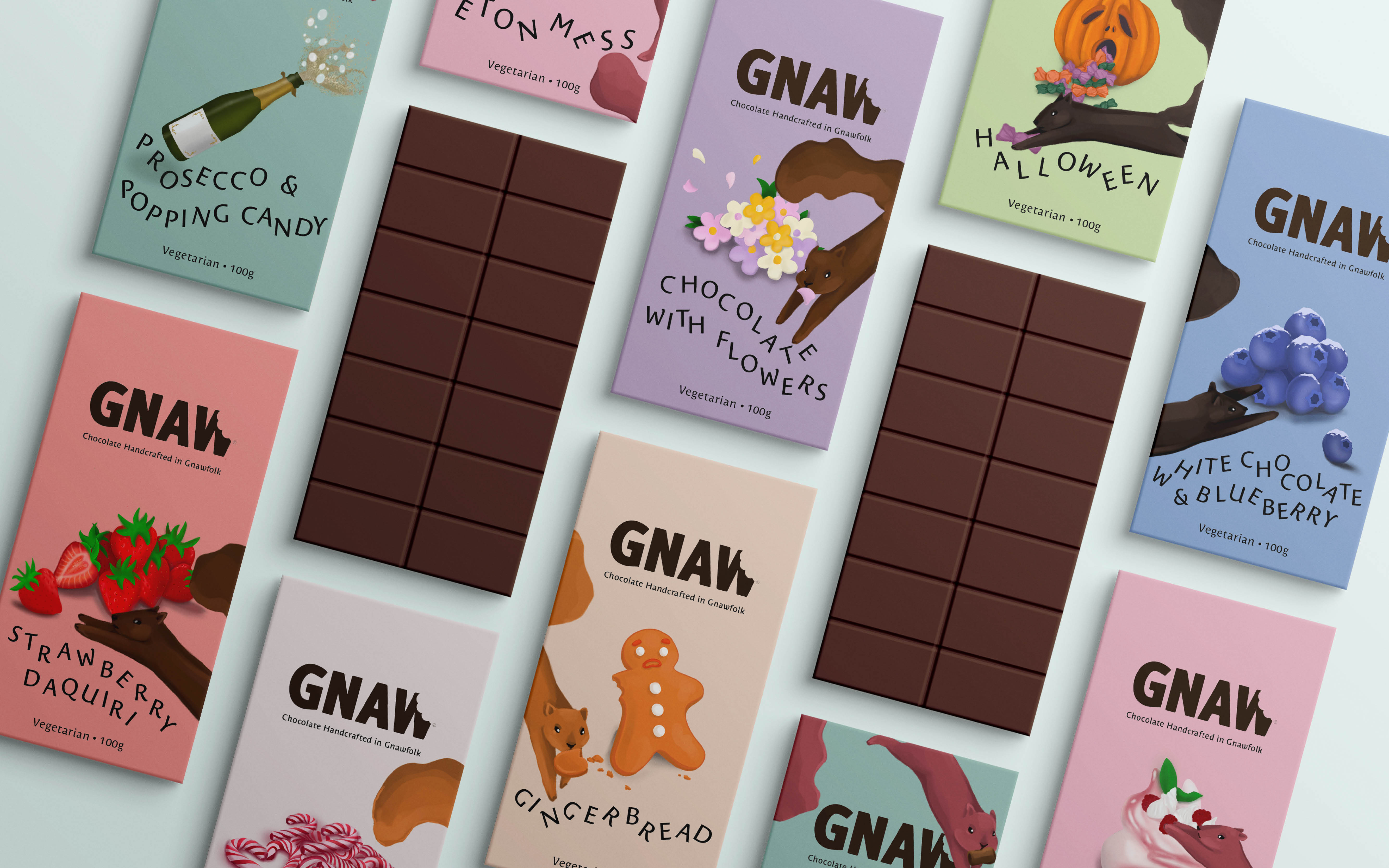 BA Graphic Design work by Lucy Howett. Gnaw is a collaborative project designing and illustrating 8 chocolate bar design outcomes for brand new flavours.