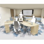 This highlights how the administrative spaces have been redesigned to encourage a more positive collaborative working environment. The desks are modular and are positioned facing each other to aid this.
