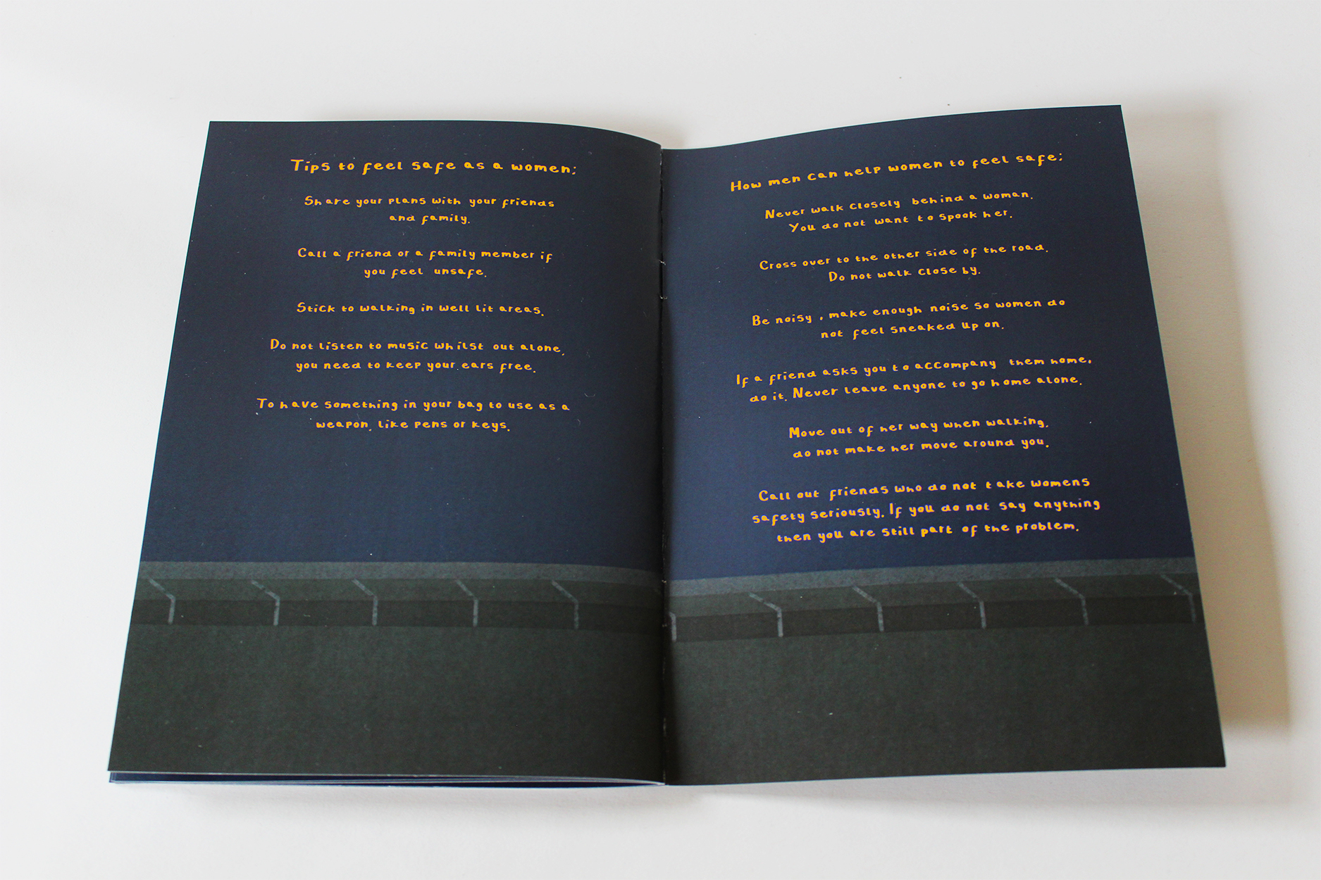 'Always in Fear' Zine, inside pages 18 & 19 displaying a type visual of advice using a font designed by Lucy Taylor, on a dark night sky background.