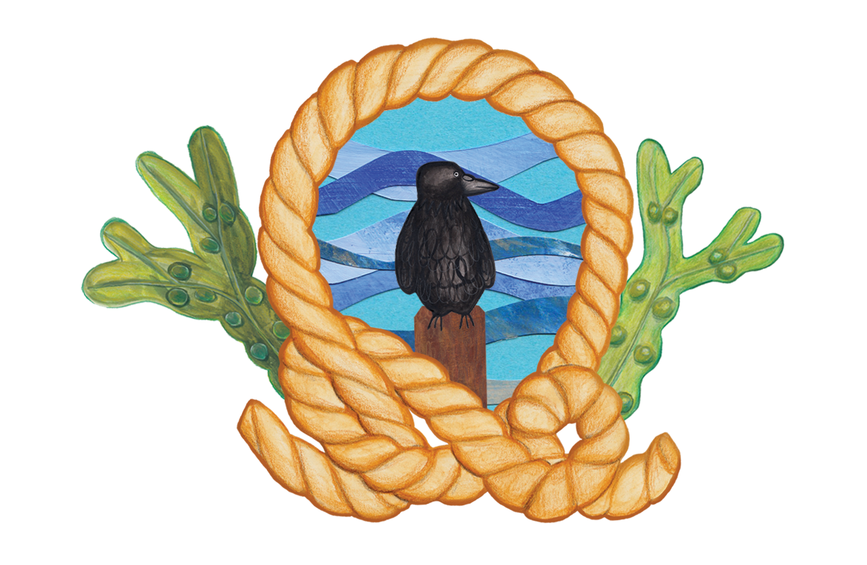 A crest-like illustration; a crow sits on a wooden post in the centre framed by a rope, surrounded by depictions of seaweed.