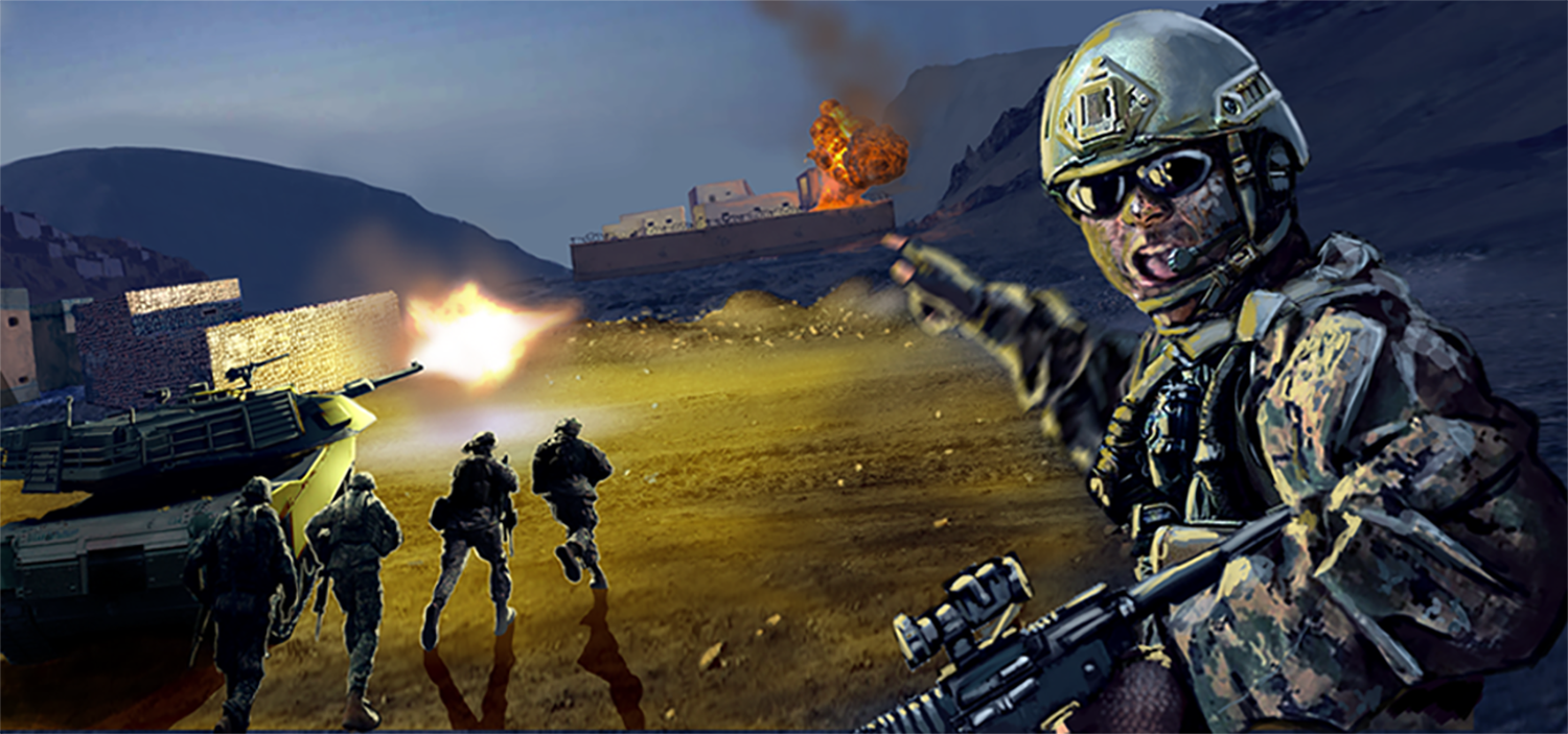 BA Games Art and Design work by Luke Clare showing an action scene of a team of soldiers attacking a base accompanied by a tank.