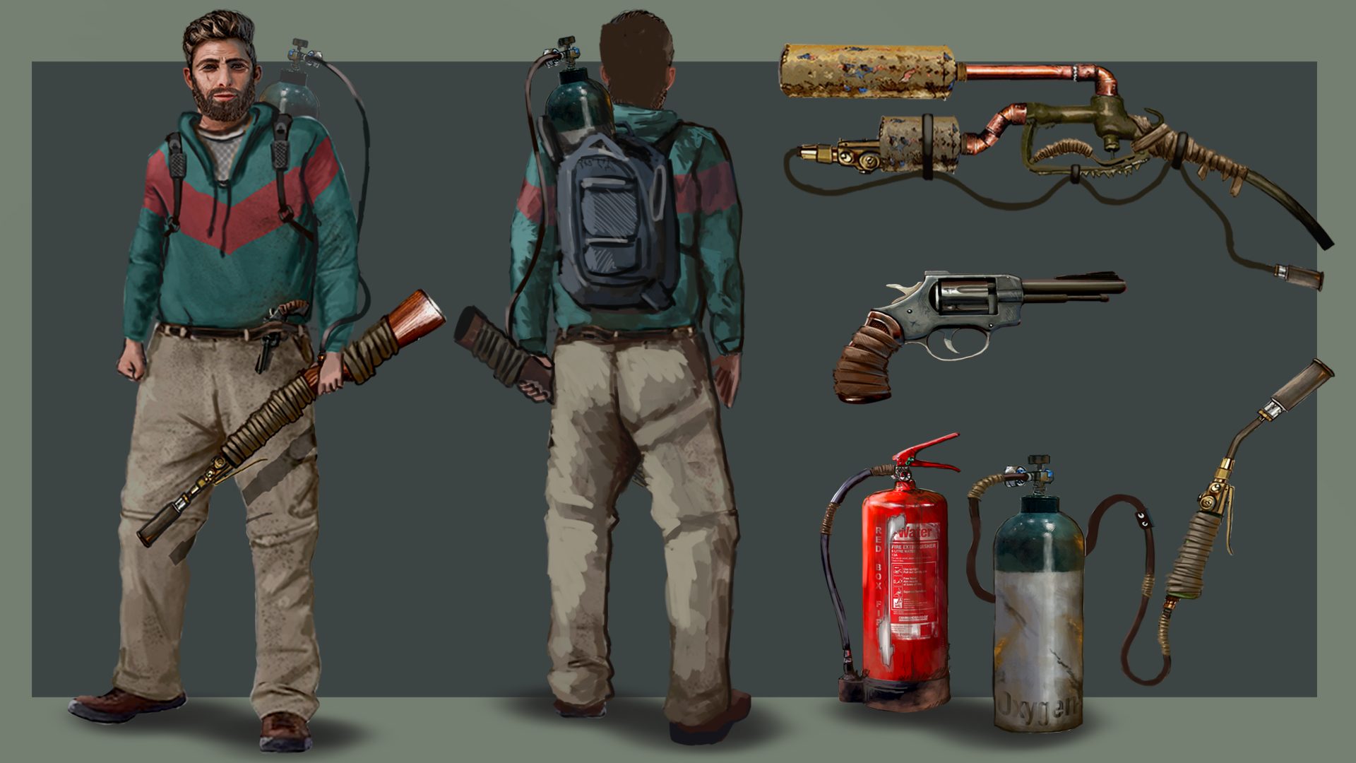 BA Game Art and Design work by Luke Clare showing a character design front and back view, with a range of weapons to the side.