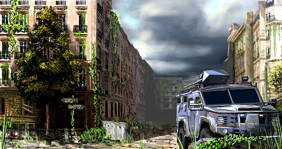 BA Games Art and Design work by Luke Clare showing an overgrown city street with an abandoned riot van pulled over in the foreground.