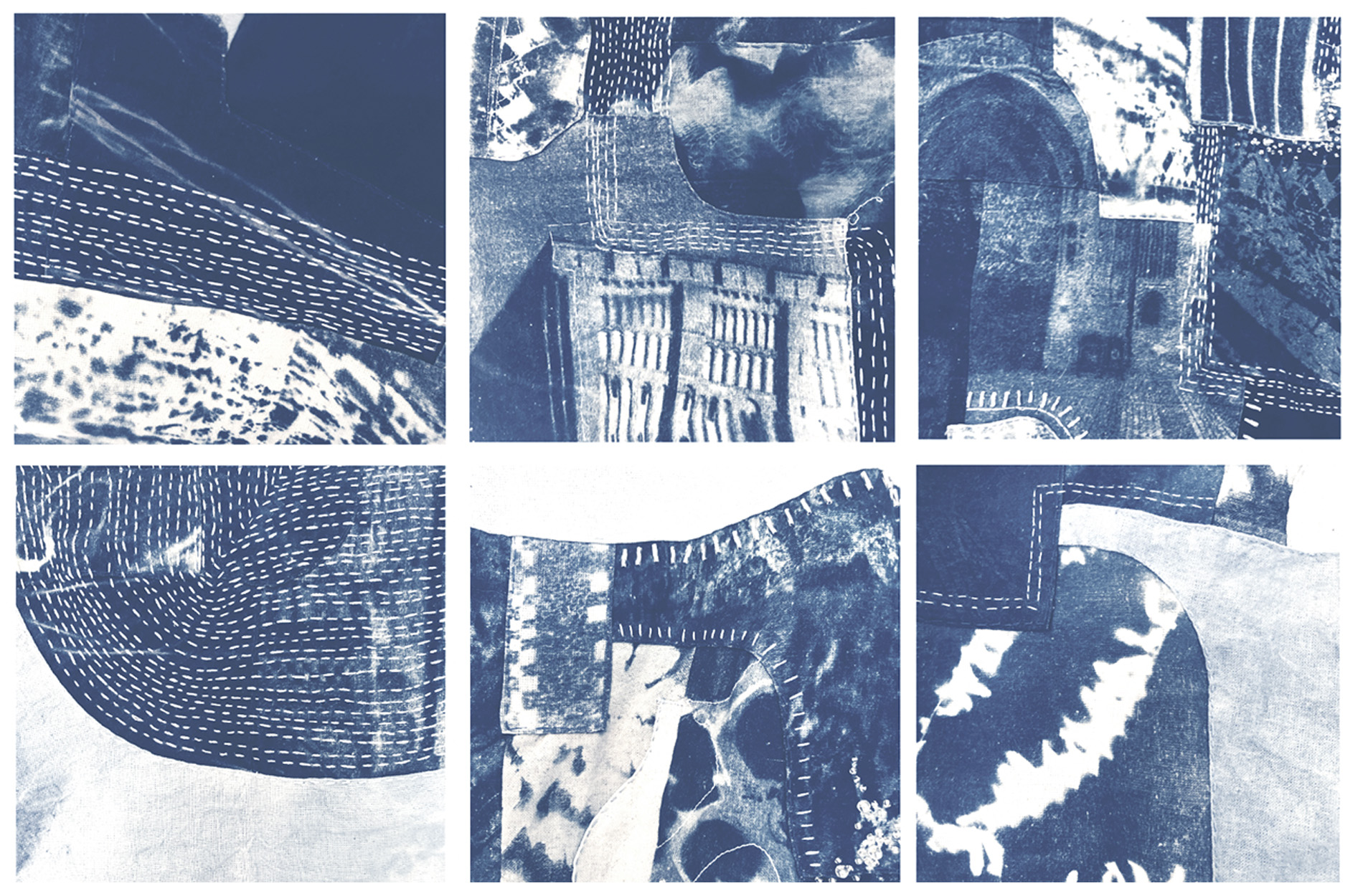 BA Illustration edits by Madeleine Bullingham of small scale details of blue cyanotype images of buildings, captured from the larger scale wall hanging.