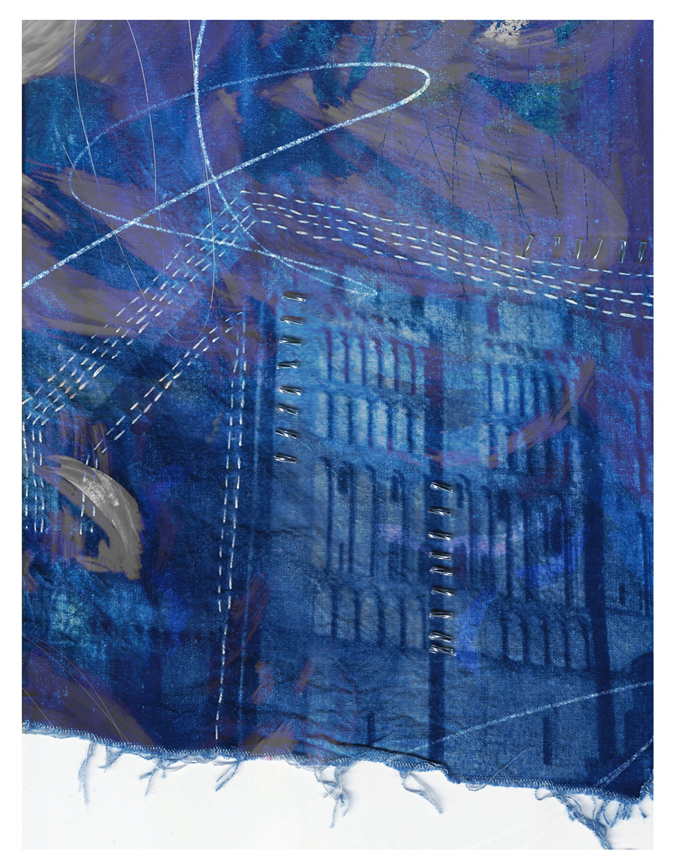 BA Illustration cyanotype print on fabric by Madeleine Bullingham depicting Norwich castle with hand stitched details.