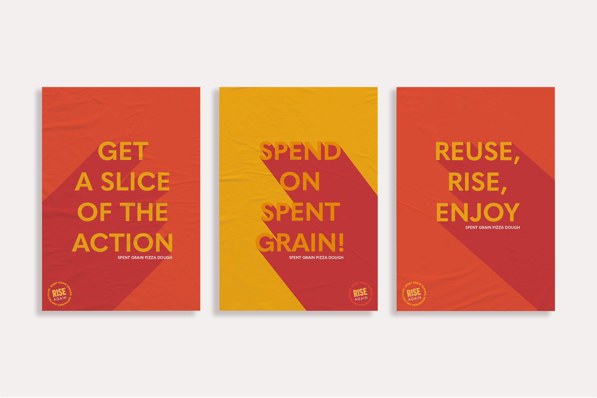 Graphic Design Branding by Maika Elsley Medina showing 3 red and yellow posters with bold rising type from the page corner and each with pizza/beer related phrase.