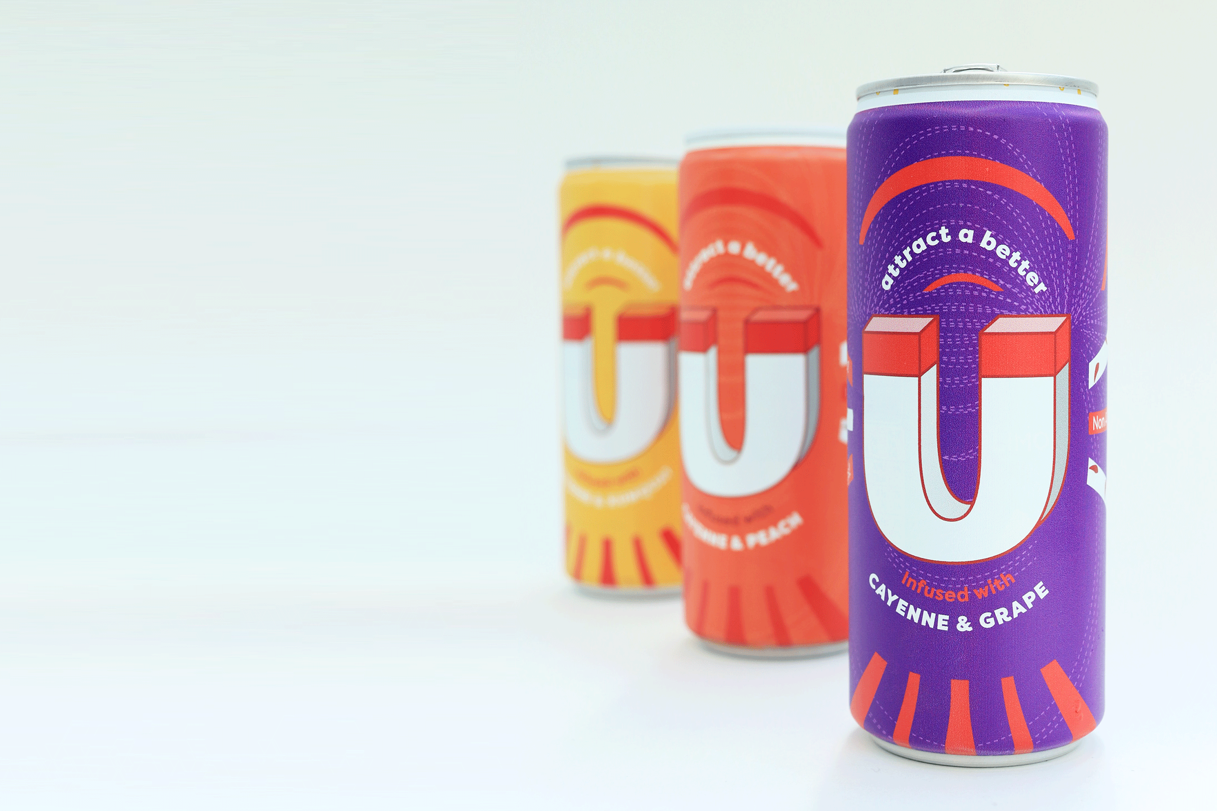Graphic Design Packaging by Maika Elsley Medina showing 3 canned drinks of bright colour. With magnetic field lines and a U-shaped magnet to represent the attraction to health.