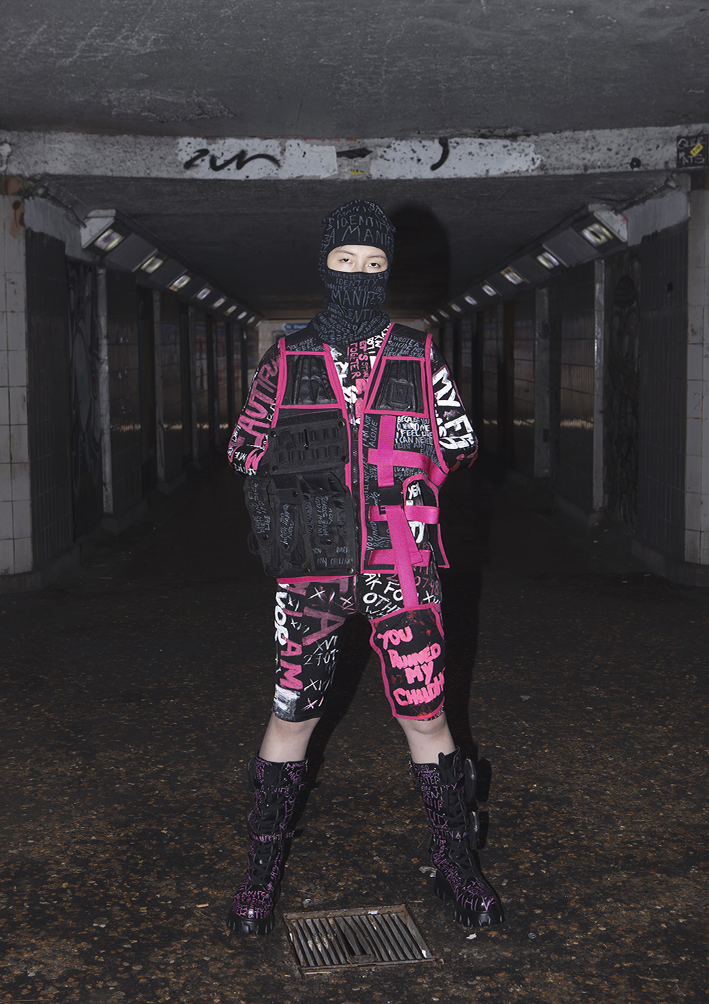 BA Photography work by Maisie McDermott showing a model in black and pink clothing
