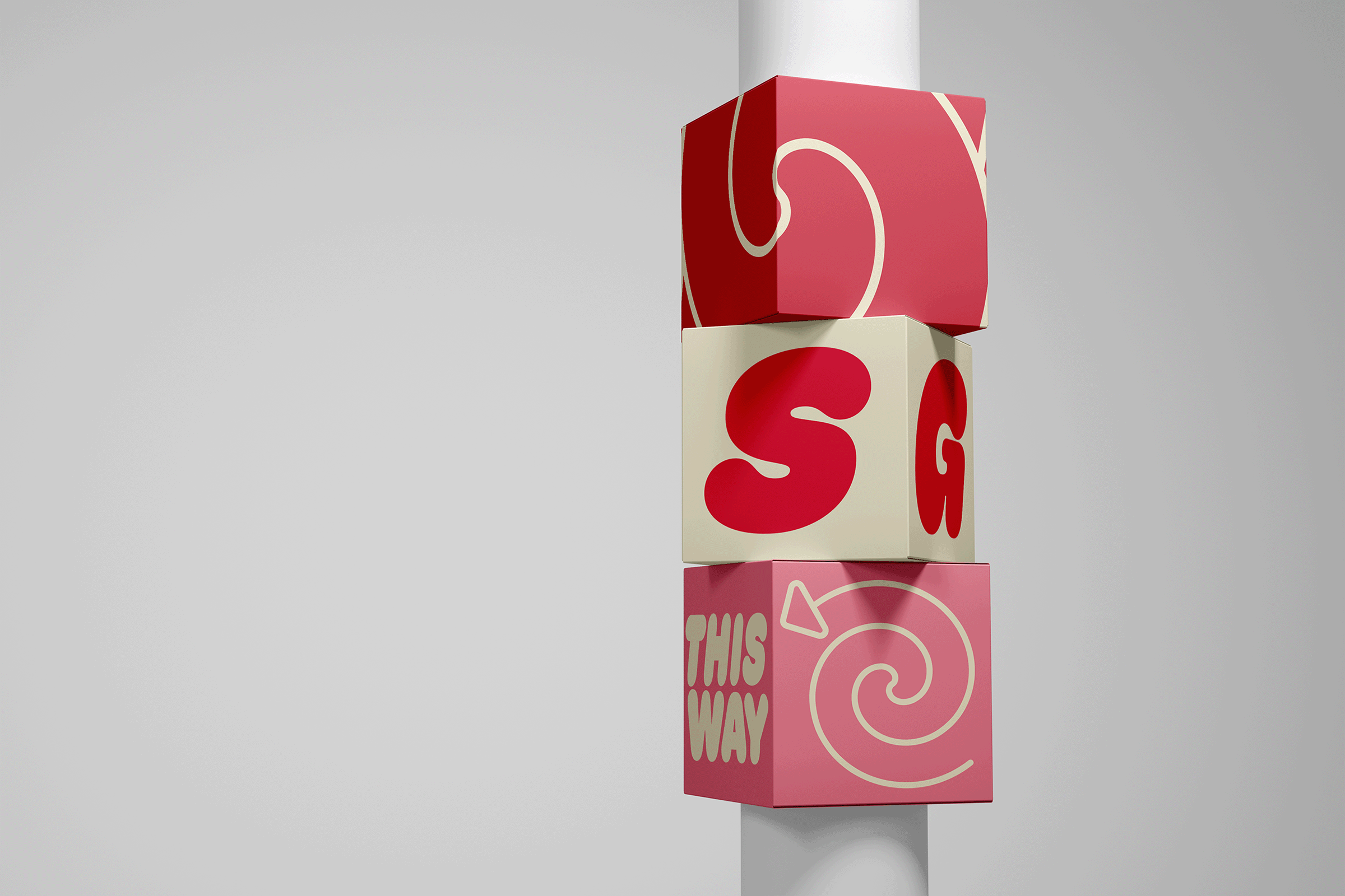 Three stacked cubes, two pink and one cream, on a pole that show the direction of an ice cream bar with a swirled arrow