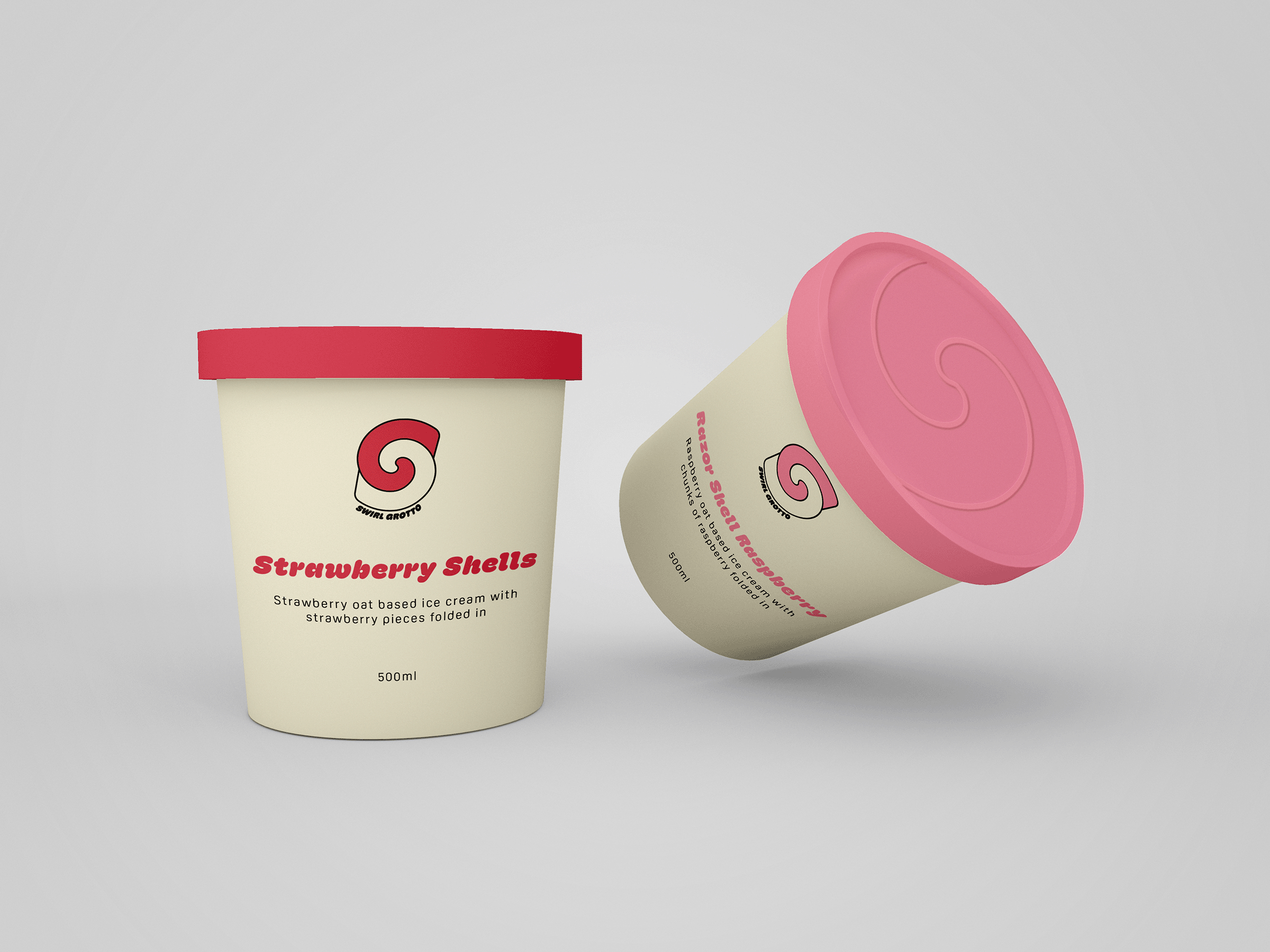 A prototype of two white ice cream tubs with pink embossed lids. Flavours shown are Razor shell raspberry and Strawberry shells.