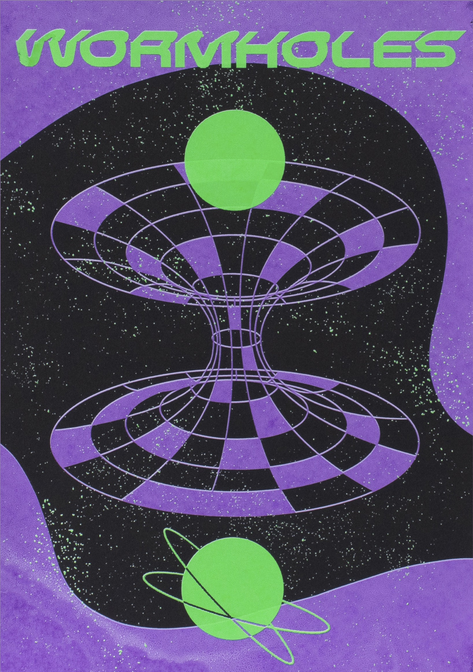 BA Illustration A3 screen print by Marianne Sleiman showing a layered green and purple screen print on black paper, depicting the space theory: wormholes.