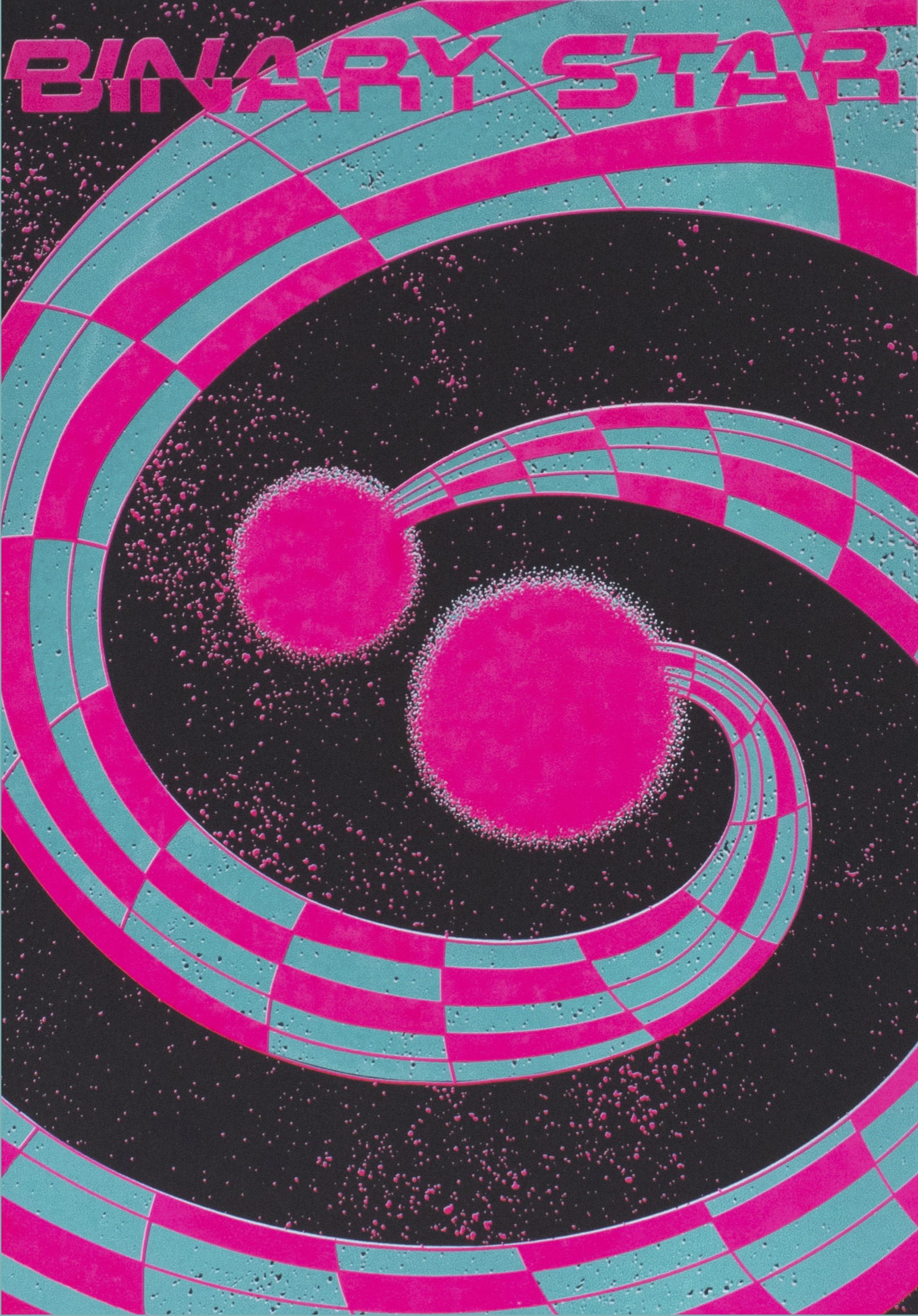 BA Illustration A3 screen print by Marianne Sleiman showing a layered pink and teal screen print on black paper, depicting the space theory: binary stars.