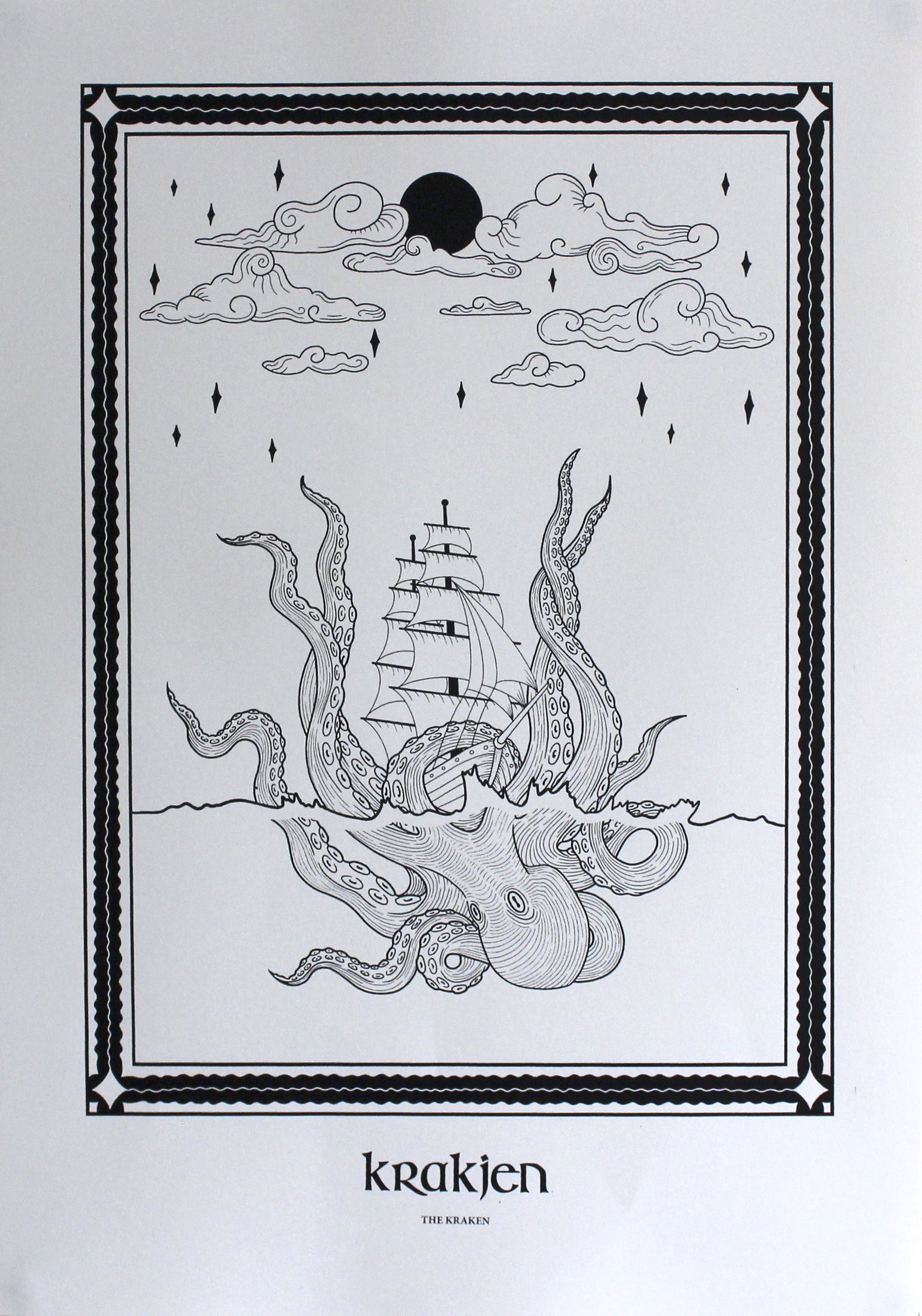 BA Illustration A3 single layered, black ink, screen print on white paper by Marianne Sleiman featuring an illustration of the folkloric creature: the Kraken