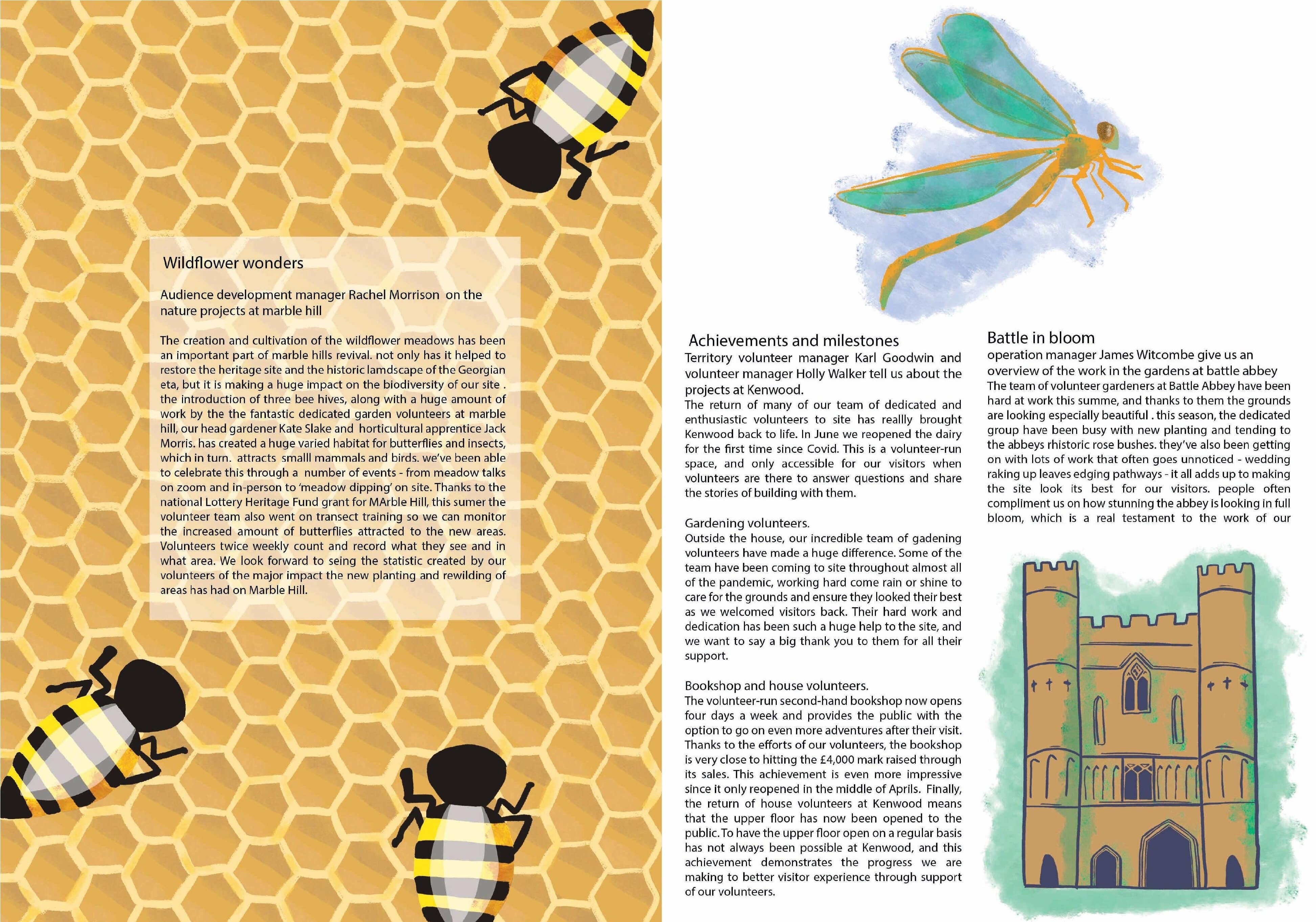 BA Illustration work by Mathilde Soler. Showing an article about the environment of an English Heritage worker. The article is illustrated with bees, dragonfly and castle.