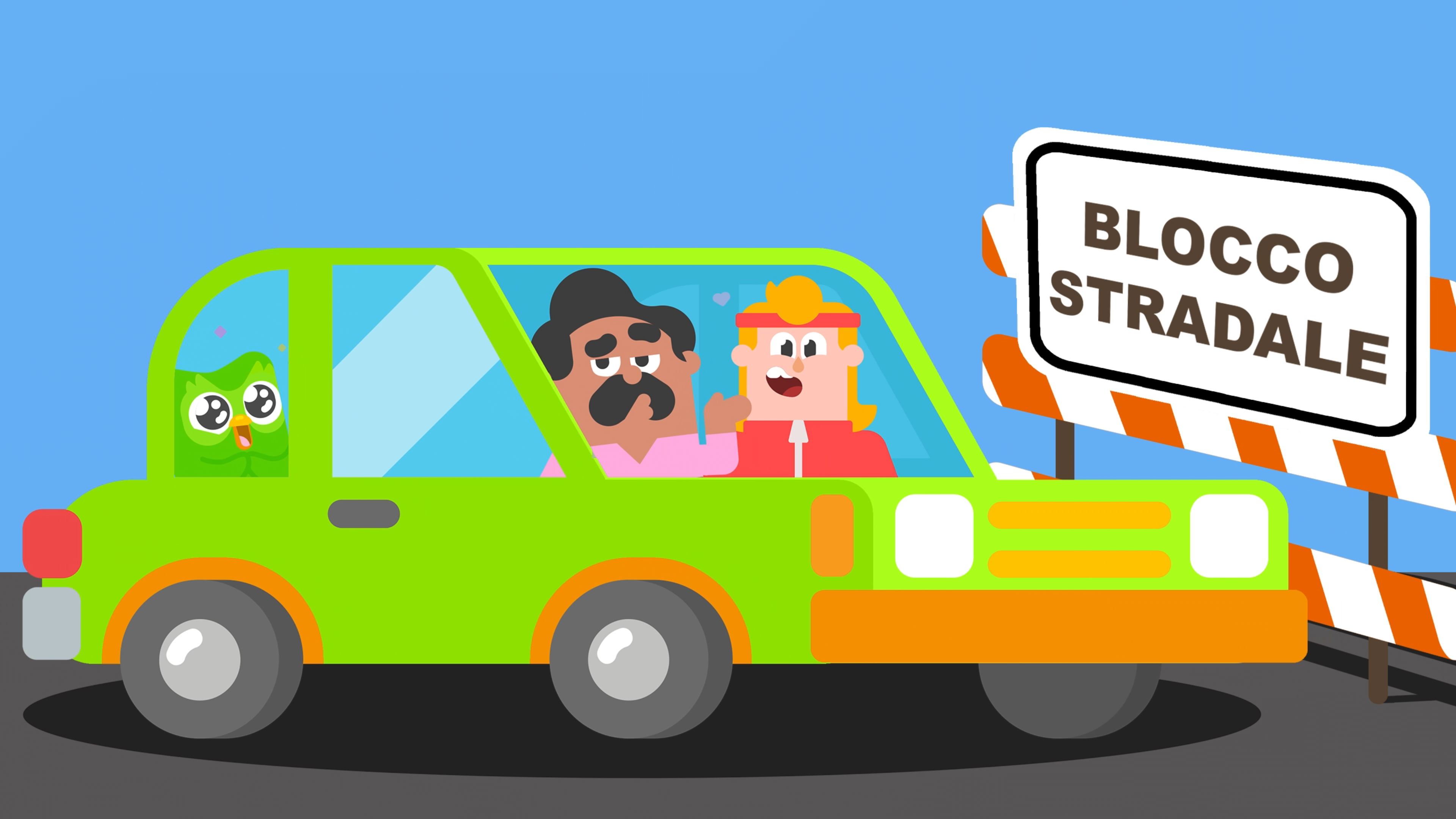 Still from an animation for Uberlingo. A green car is stationary in front of a roadwork barricade. Two characters are sat in the front of the car, with the Duolingo owl in the back seat