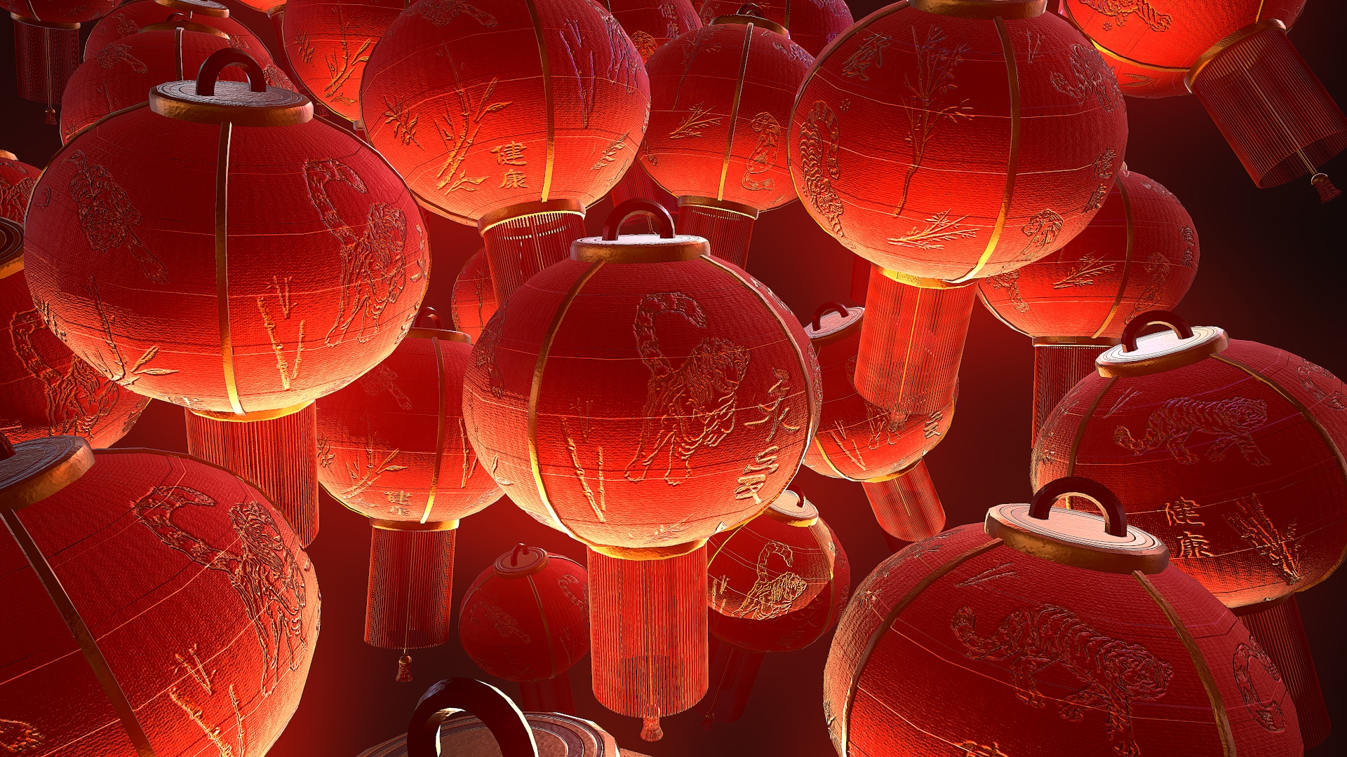 Red lanterns displaying chinese script and tiger designs. Made to represent the Chinese new year lanterns displayed for the Year of the Tiger celebrations.