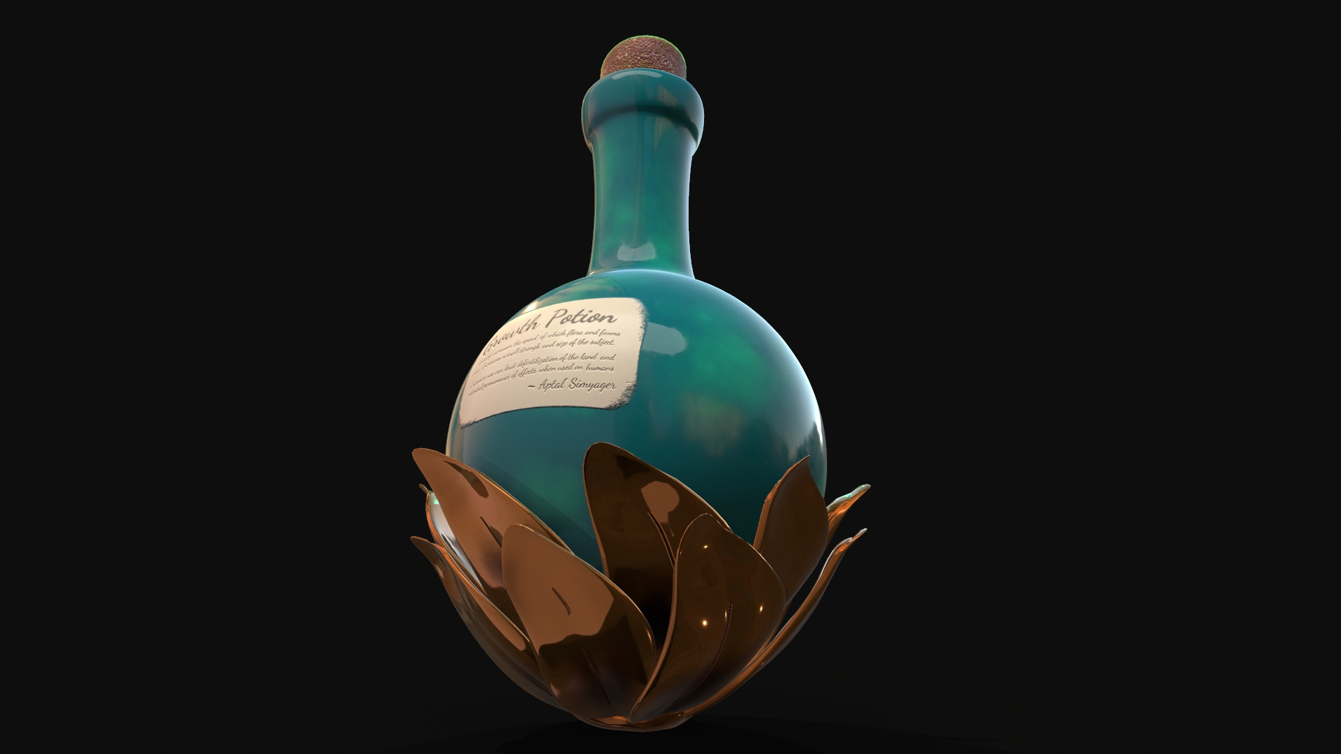 A porcelain bottle with metallic gold leaf highlights. Intended to contain a magical potion of growth and prosperity.