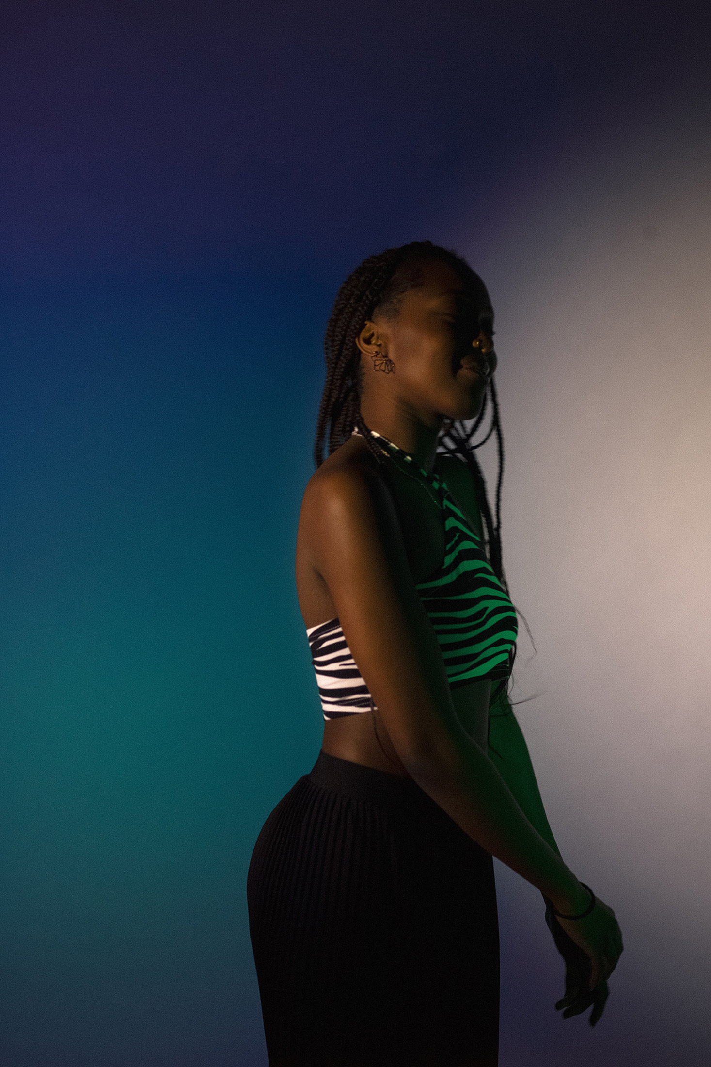 A shadowy portrait of a black woman wearing a zebra print top. She stands in front of a turquoise-to-white gradient background; green light illuminates her body.