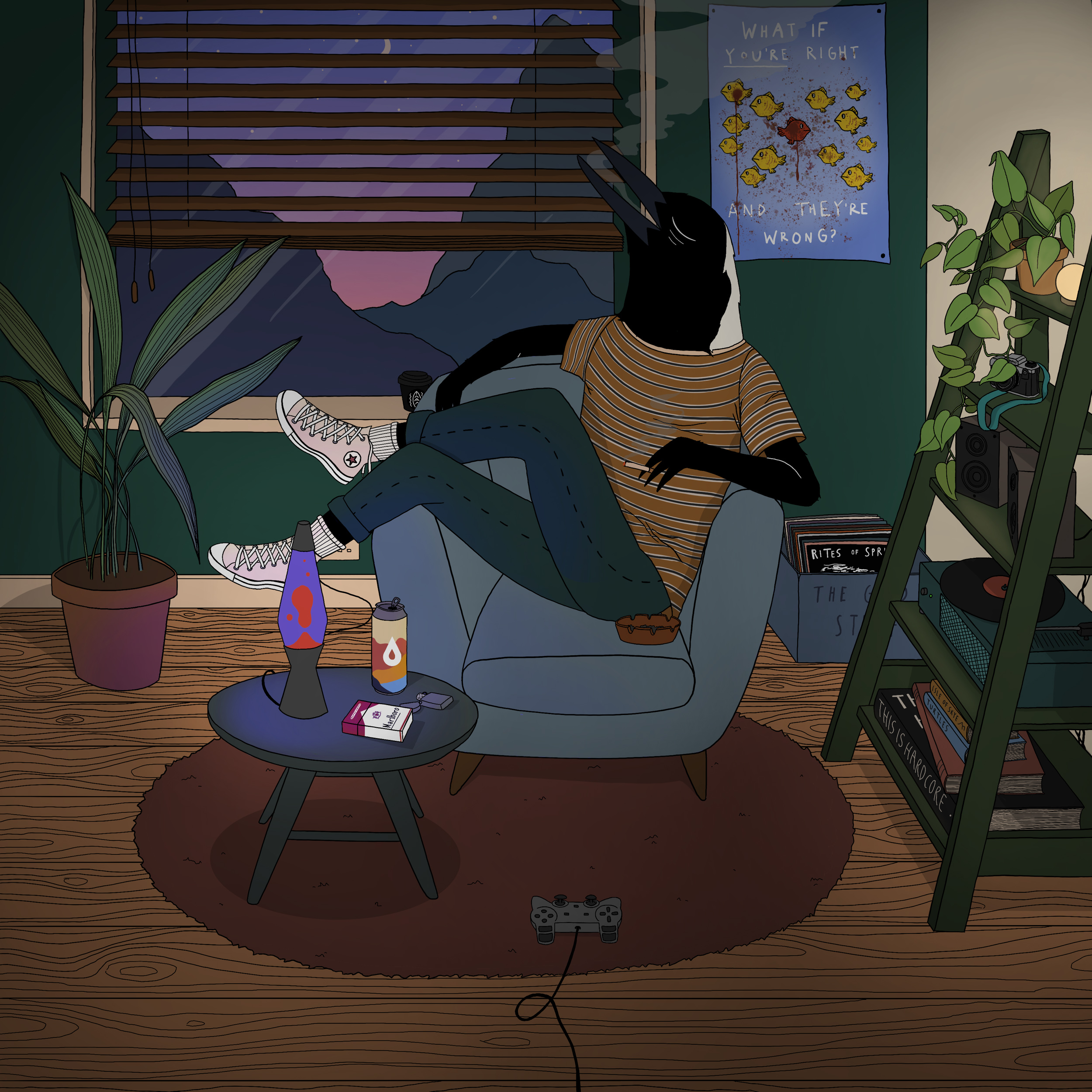 BA Illustration work by Megan Goulding-Rickards showing a magpie humanoid sitting in his living room smoking Marlboro reds and playing video games (probably).