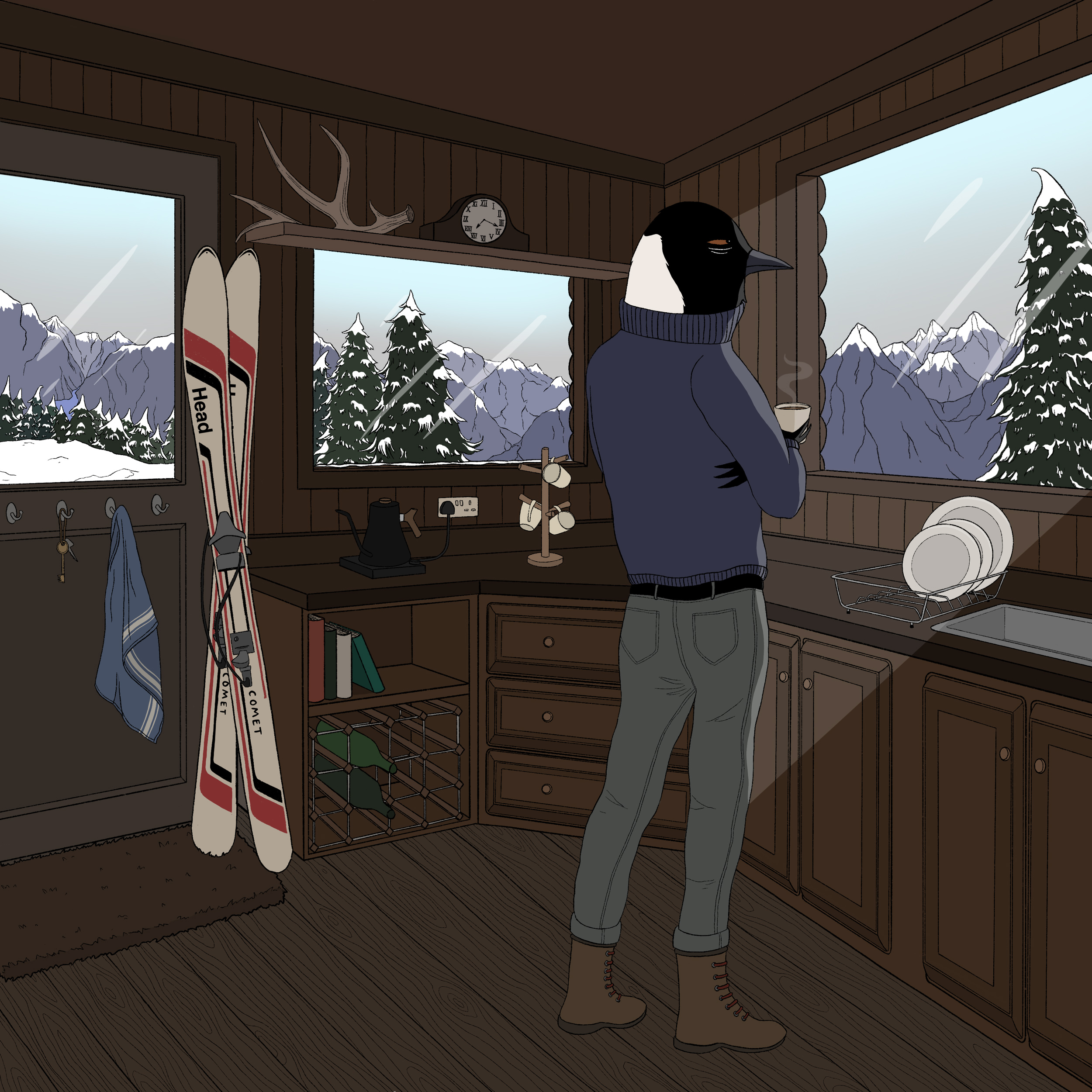 BA Illustration work by Megan Goulding-Rickards showing a magpie humanoid standing in a cabin drinking coffee. Skiis stand by the door and snow capped mountains can be seen through the windows.