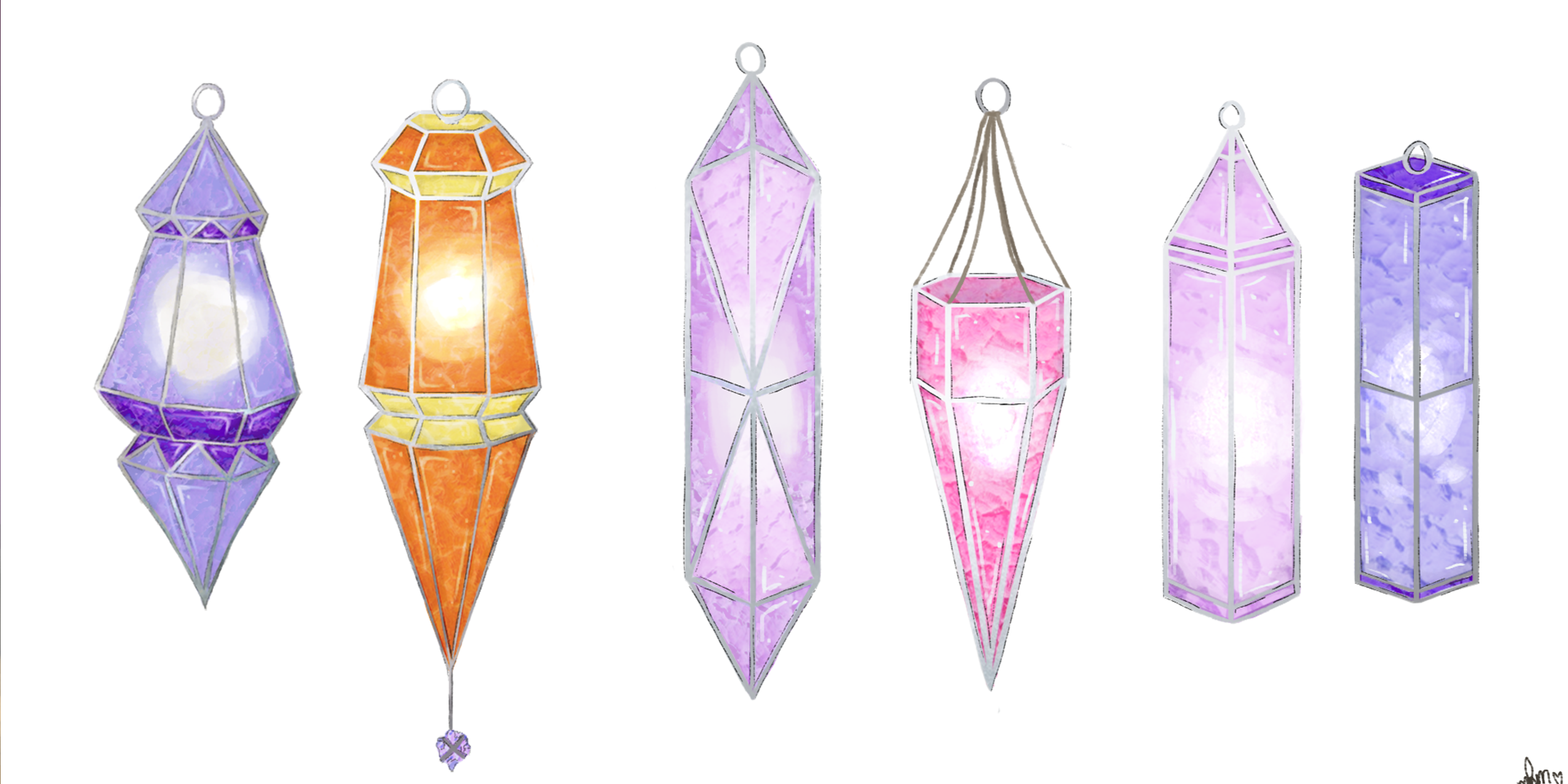 BA Games Art & Design work by Megan Frances Martin showing 5 lantern design inspired by stained glass windows