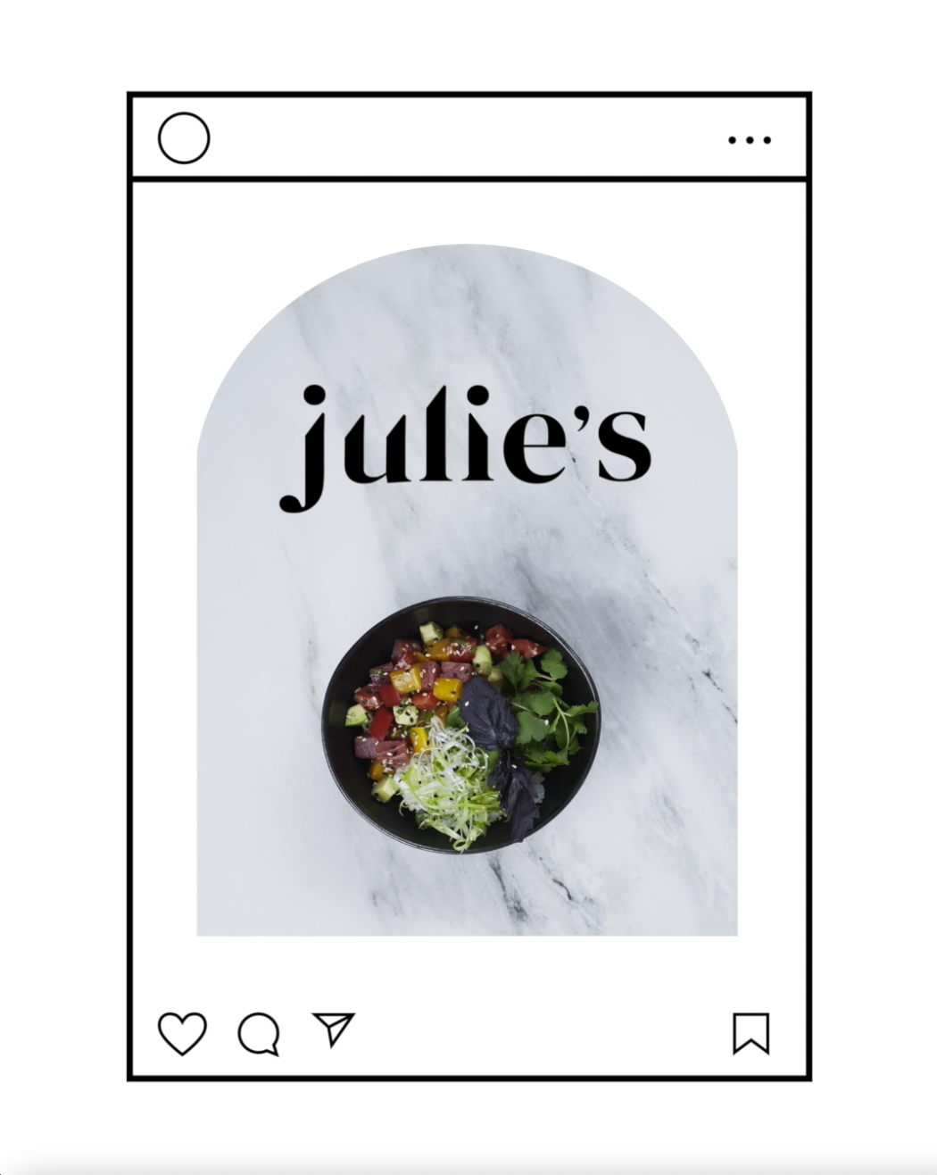 Thumbnail image shows a mockup of social assets for julie's restaurant , with plated food on a white marble background shape