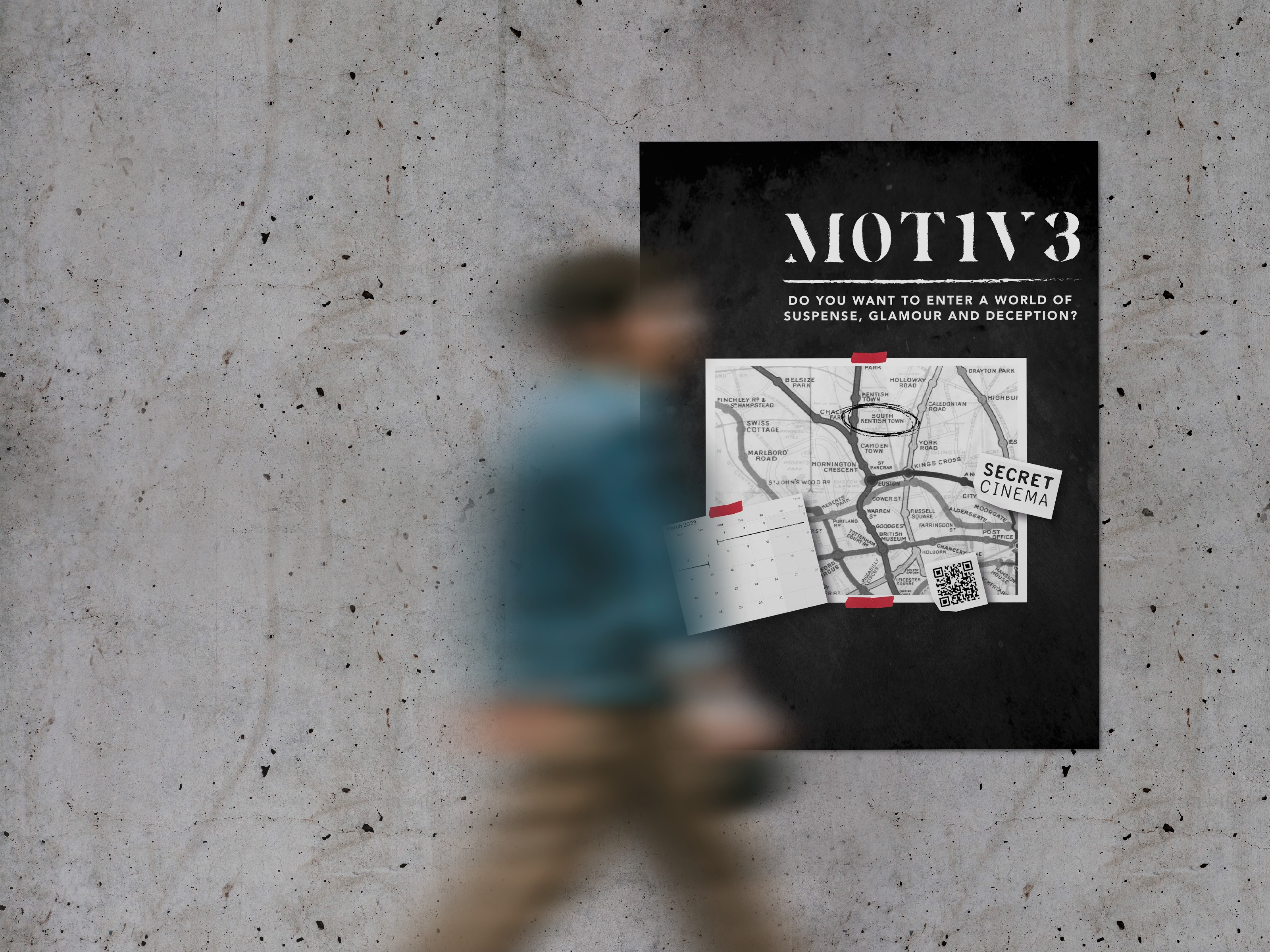 BA Graphic Communication work by Megan Maskell, showing a detective wall style promotional poster advertising the Motive film festival.