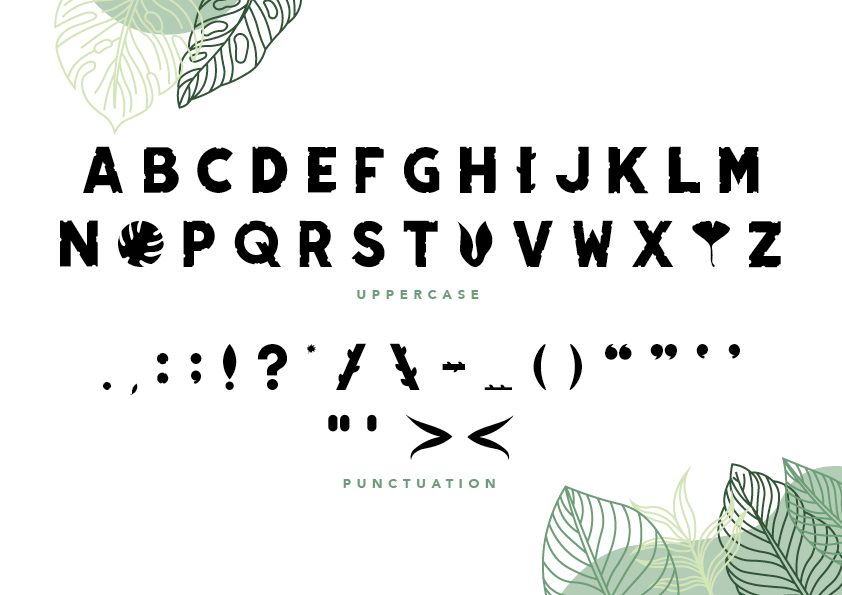 Spread shows letterforms from a custom typeface, with hero glyphs in the shapes of leaves
