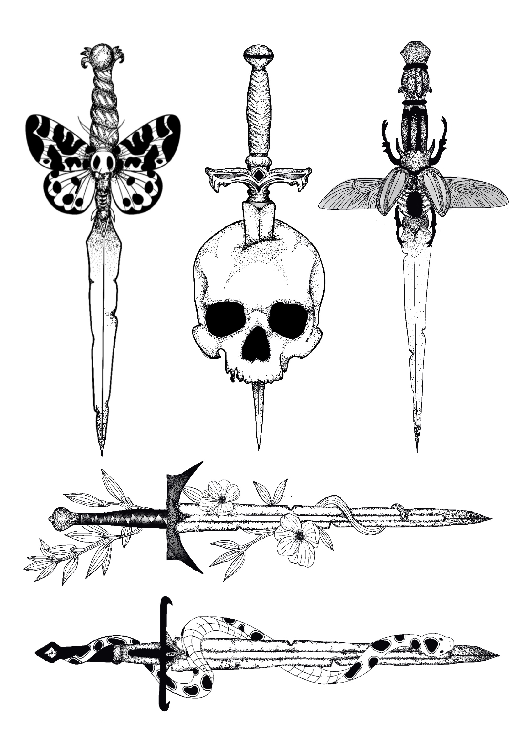 BA Illustration work by Mia Sains showing detailed dot work on a tattoo flash sheet, of five swords with moth wings, skulls, flowers, snakes and beetles.