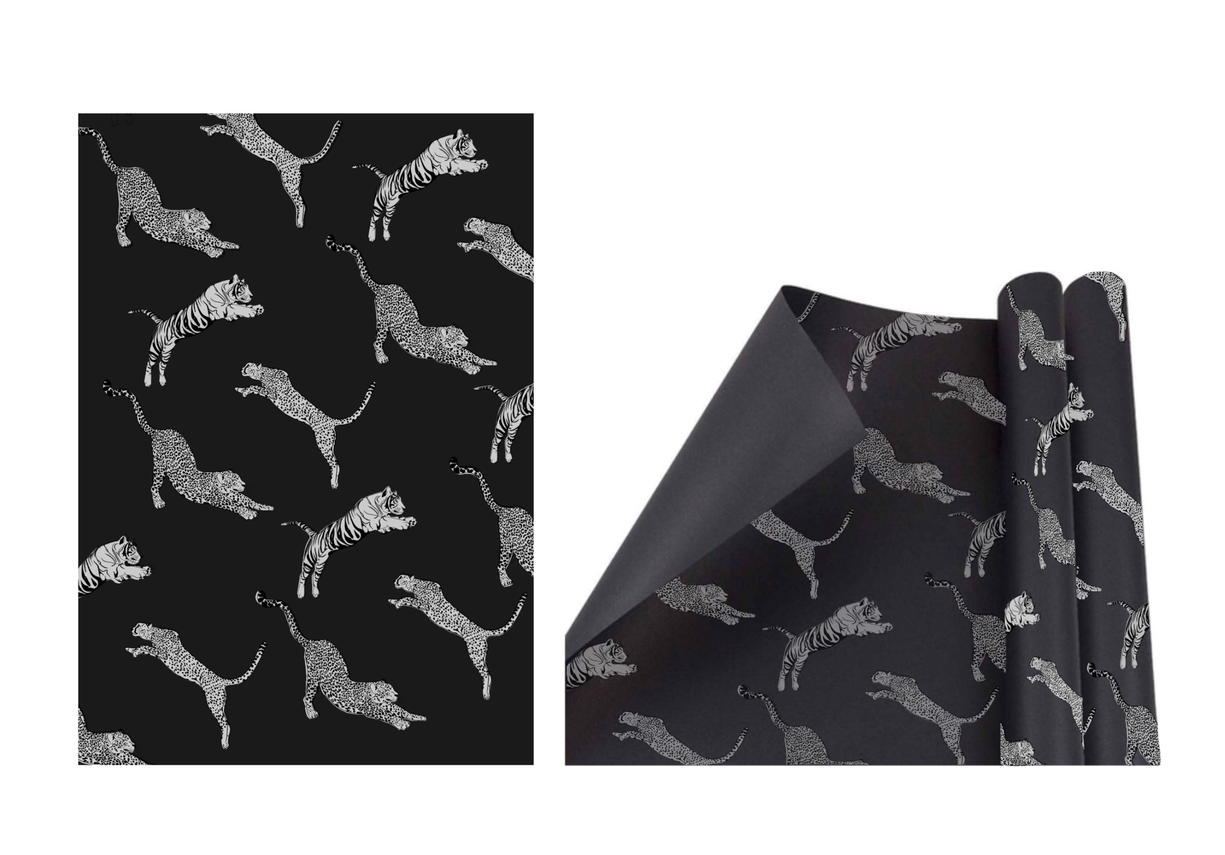 Illustration work by Mia Sains showing black and white wallpaper design filled with leopards and tigers