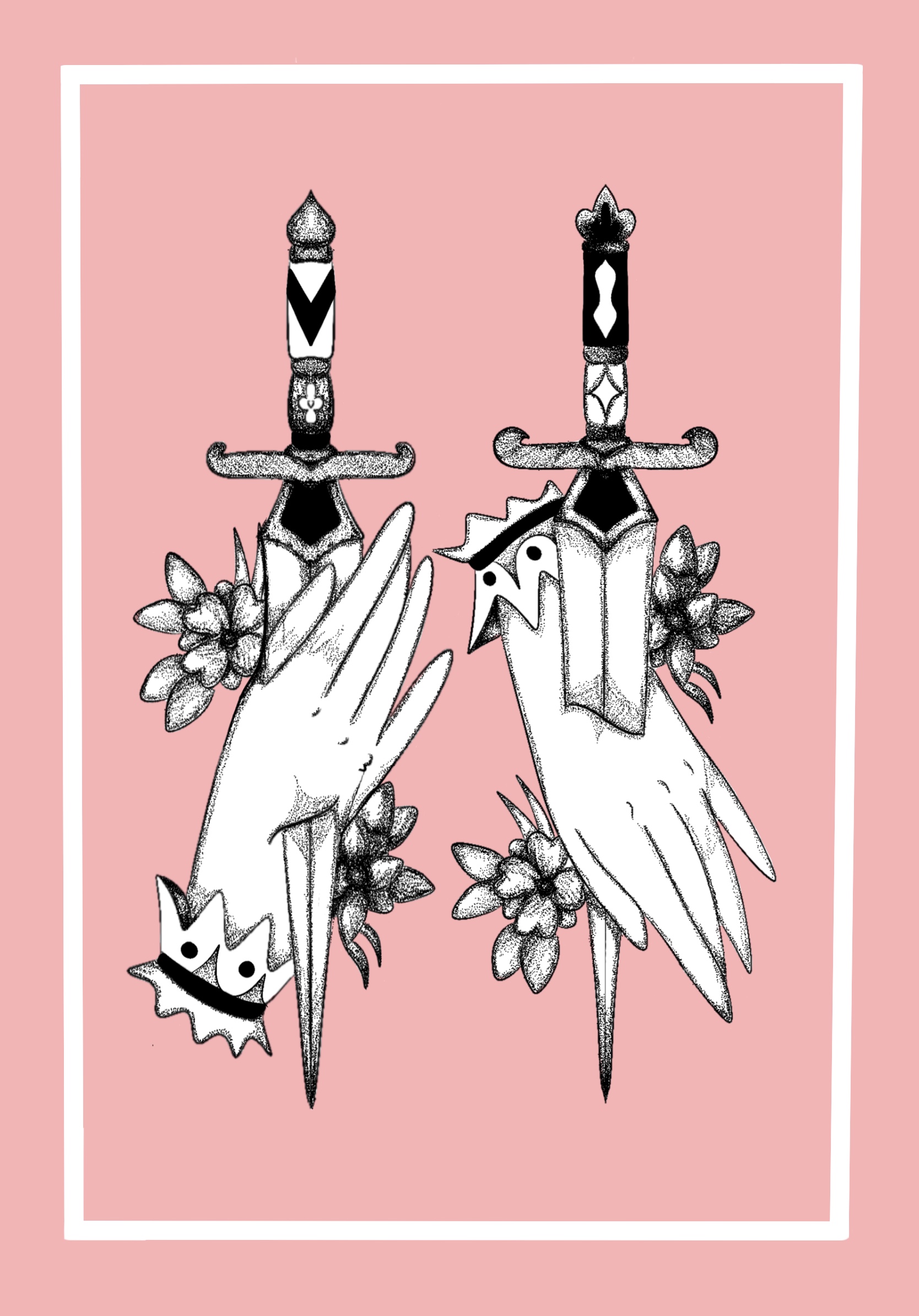 BA Illustration work by Mia Sains showing dot work tattoo pieces of hands with a dagger through the centre, against a pink background