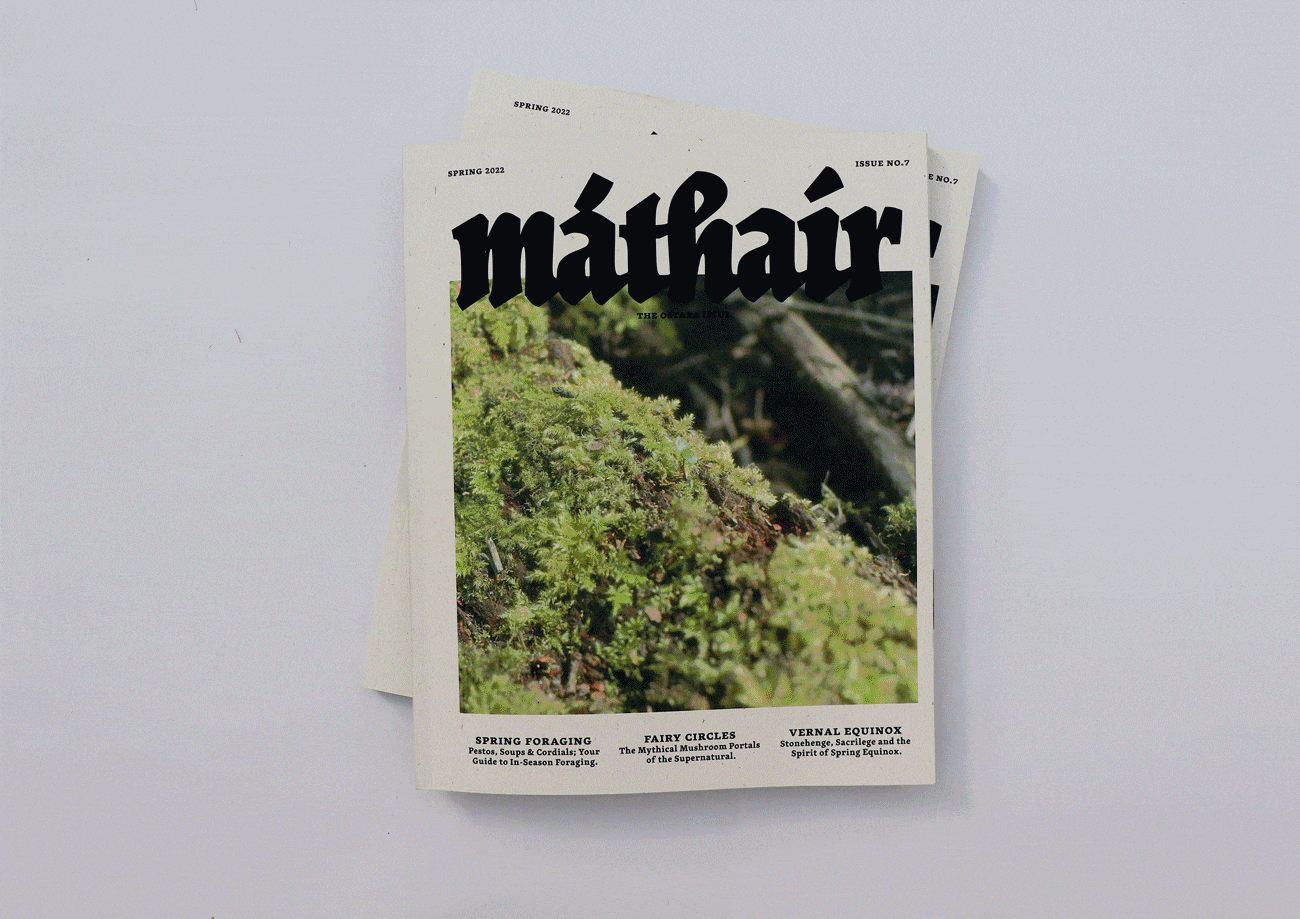 BA Design for Publishing work by Michaela-Jay Appleton, showing a nature and folklore magazine titled ‚'Máthair'. The magazine features lino-print illustration, collage and photography, paired with Celtic inspired typography.