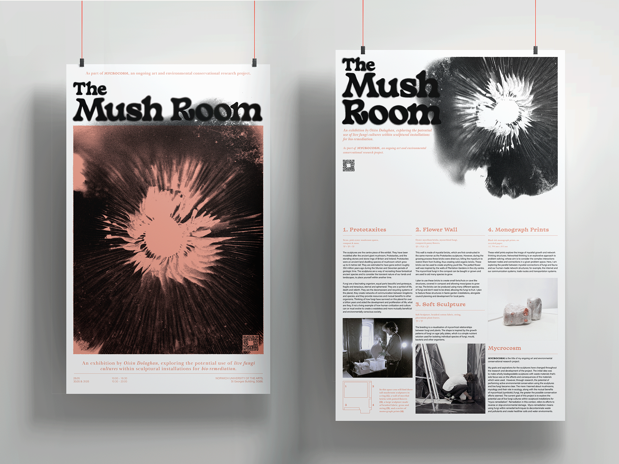BA Design for Publishing work by Michaela-Jay Appleton, showing a poster and broadsheet design for a fine art exhibition, exploring the use of mushrooms for environmental conservation.