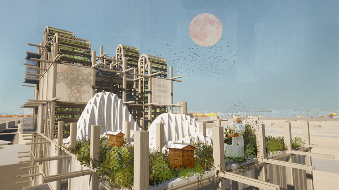 BA Architecture work by Molly Agnew showing a visualisation of the roof terrace and farming systems.