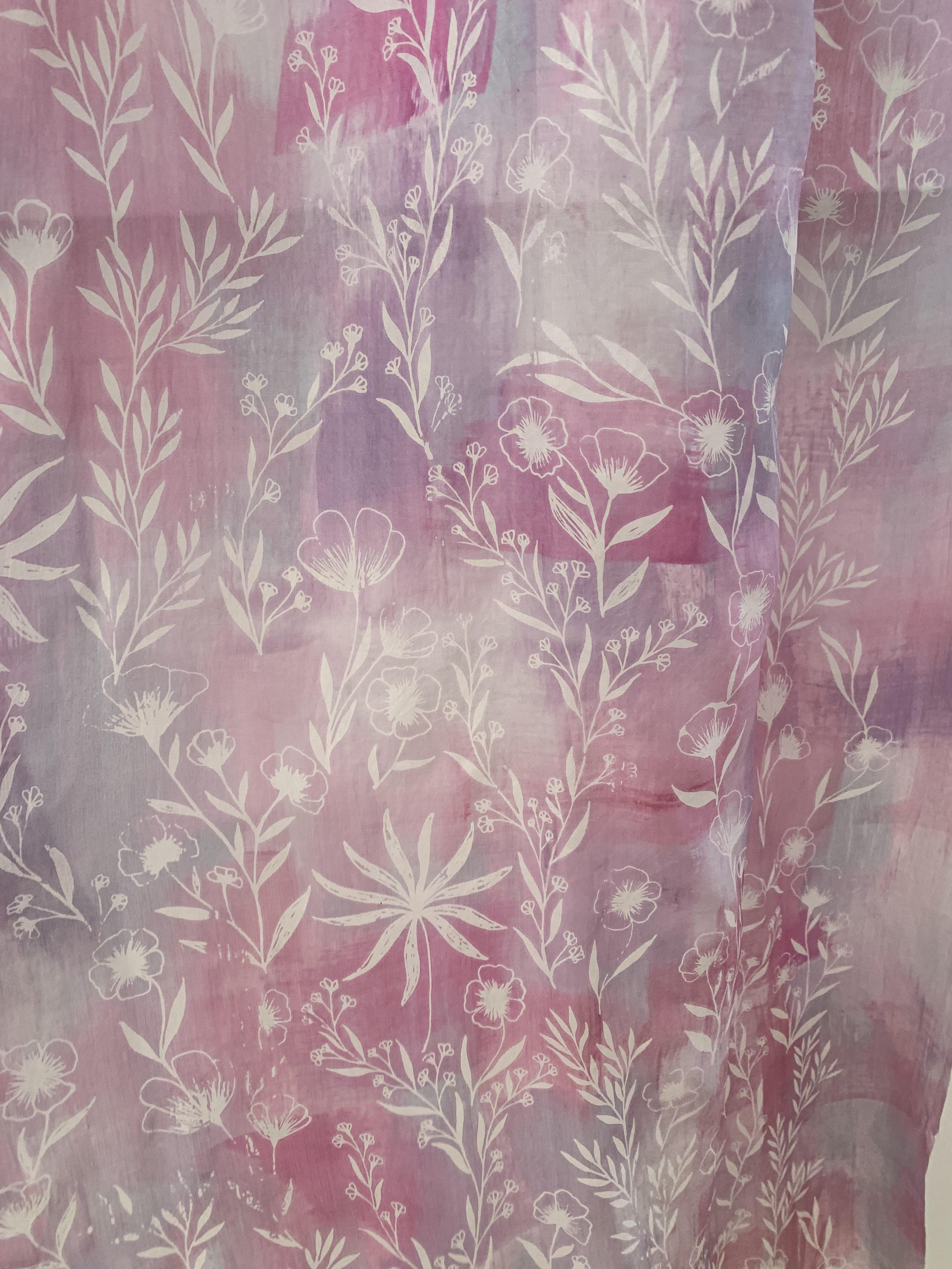 Printed length on silk fabric with hand-painted colour background and print in white on top
