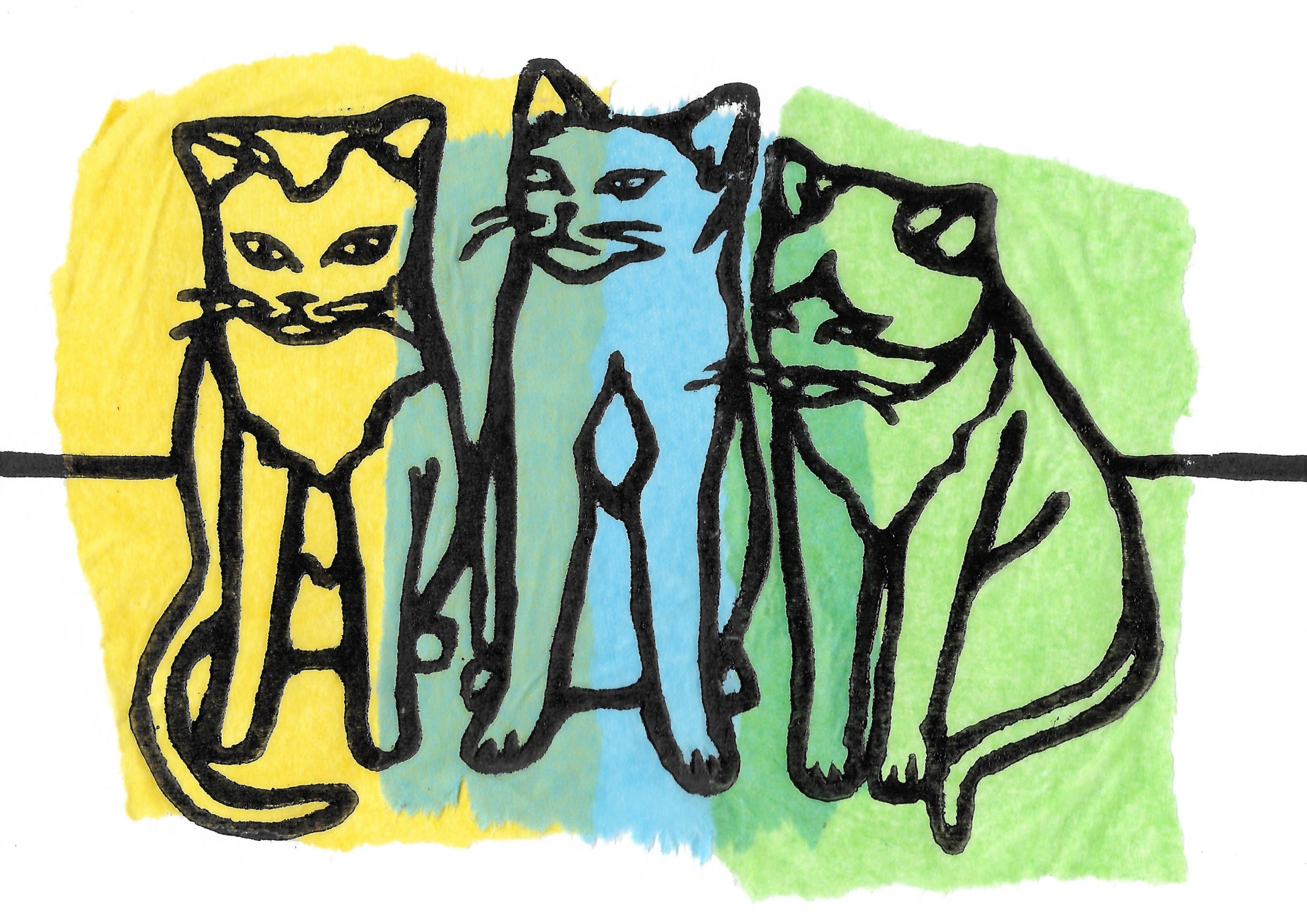Illustration by Molly McKenna. A woodcut print of a trio of cats outlined in black, with three swatches of colour behind, yellow, blue and green.