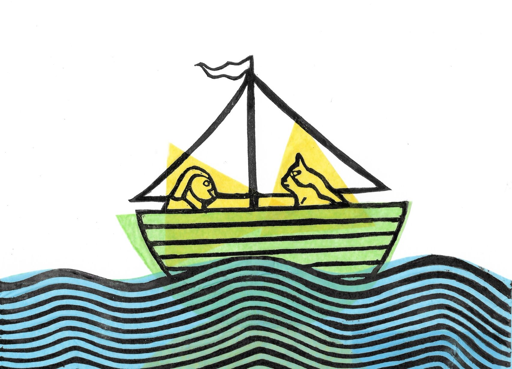 Linocut print for 'The Owl and the Pussycat' by Edward Lear. Created with bold lines to show the Owl and the Pussycat at sea on their row-boat, with hints of blue, green and yellow.