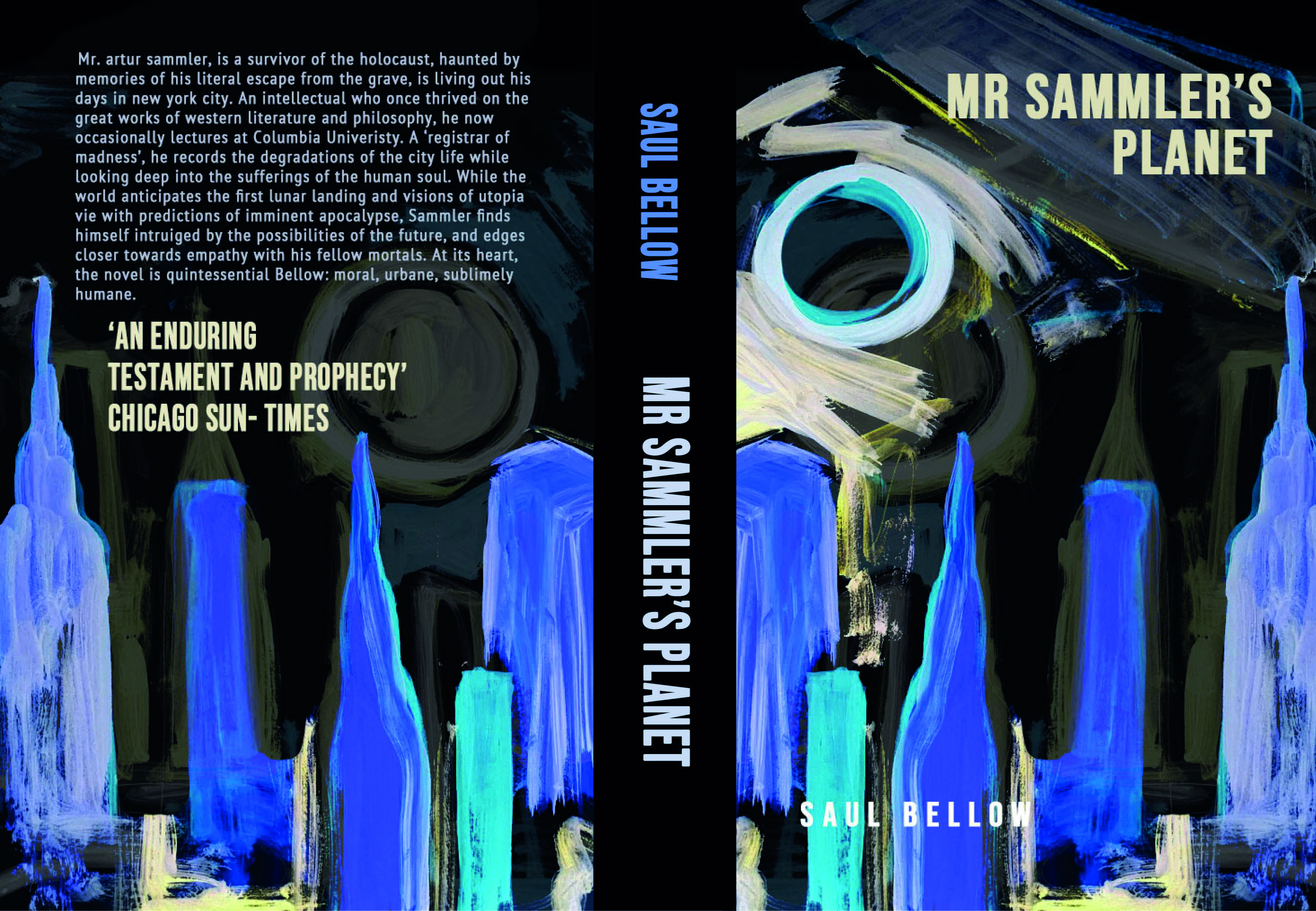An abstract cover design illustration using black, blue and white paint, of the classic novel by Saul Bellow, exploring Jewish identity through literature, by Naomi Scott