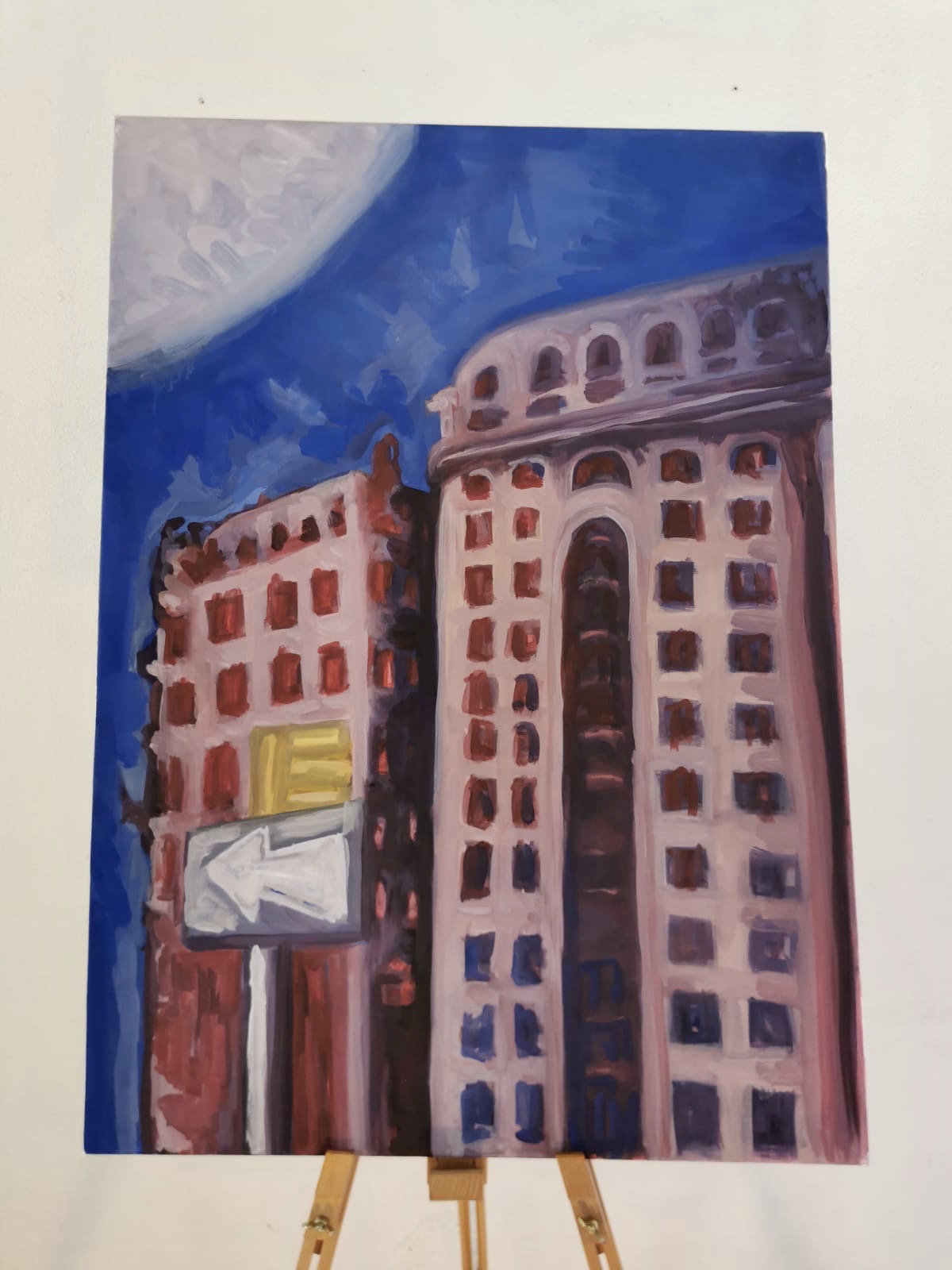 Oil on canvas 65 x 90cm. Painting depicting two tall buildings based on the novel 'Seize the Day' by Saul Bellow, by Naomi Scott