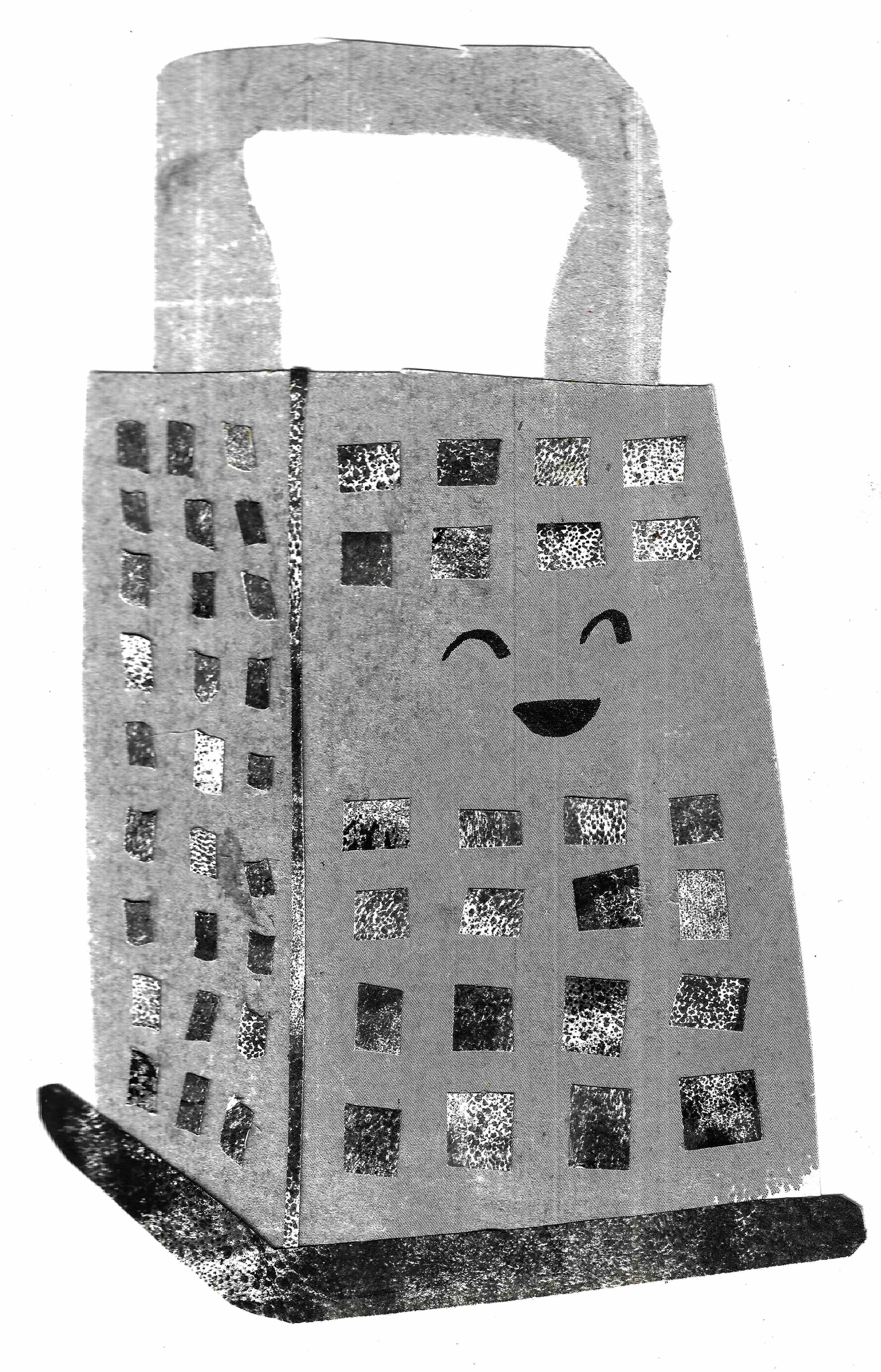BA Illustration work by Natalie Martinez showing a collage of a cheese grater with a smiling face.