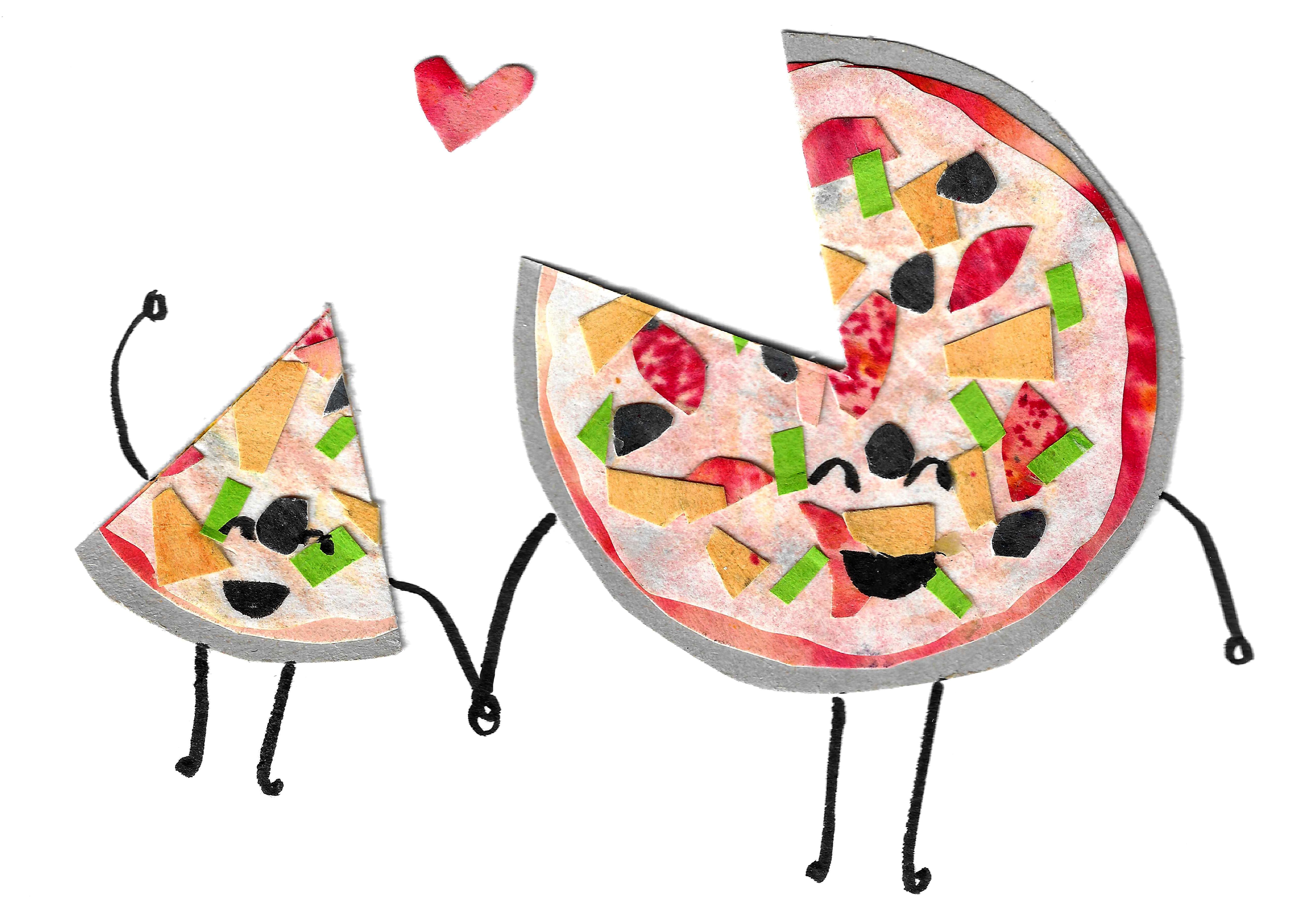 BA Illustration work by Natalie Martinez showing a collage of a pizza holding hands with a pizza slice.