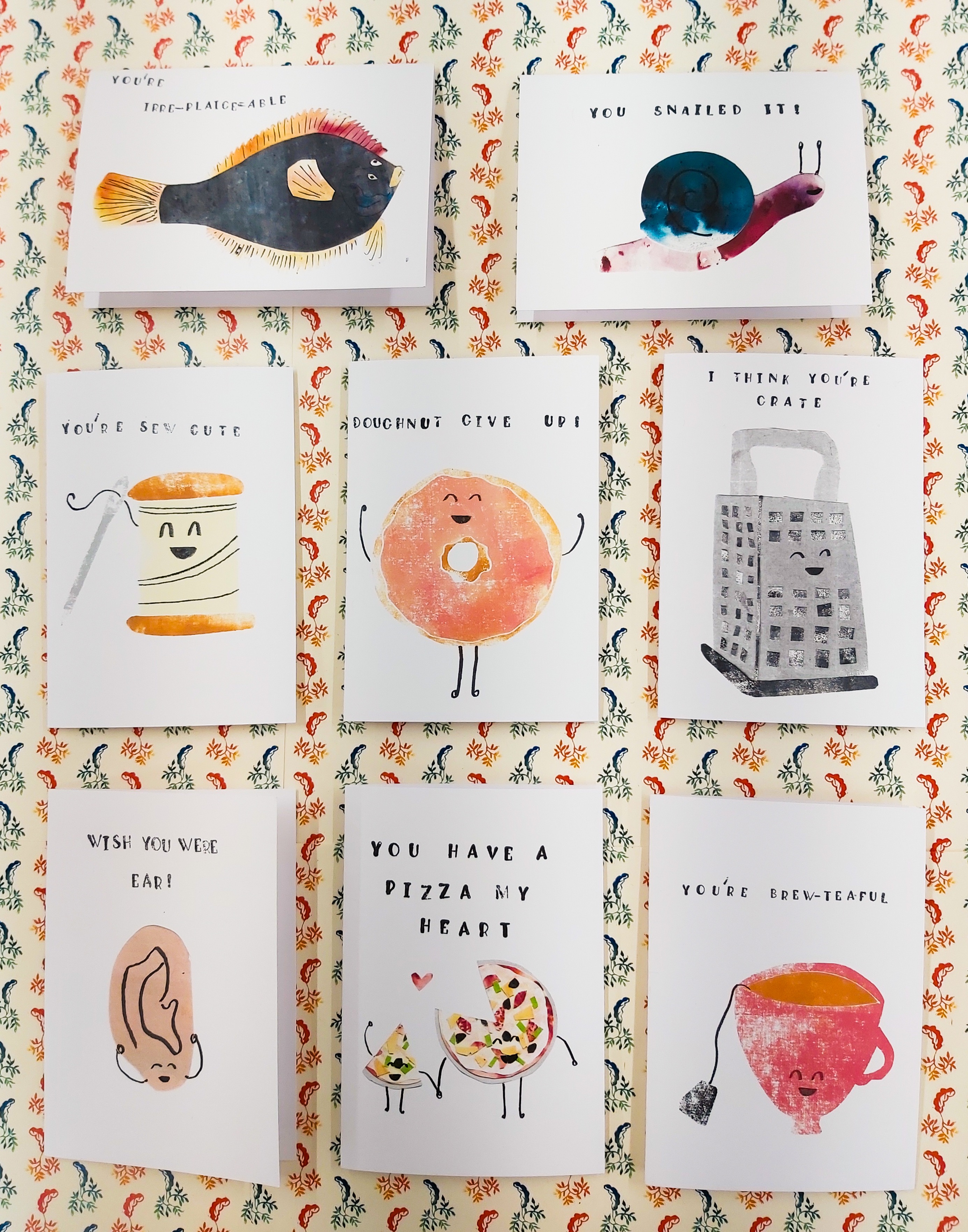 BA Illustration work by Natalie Martinez showing a selection of punny greeting cards in a cut-paper collage style.
