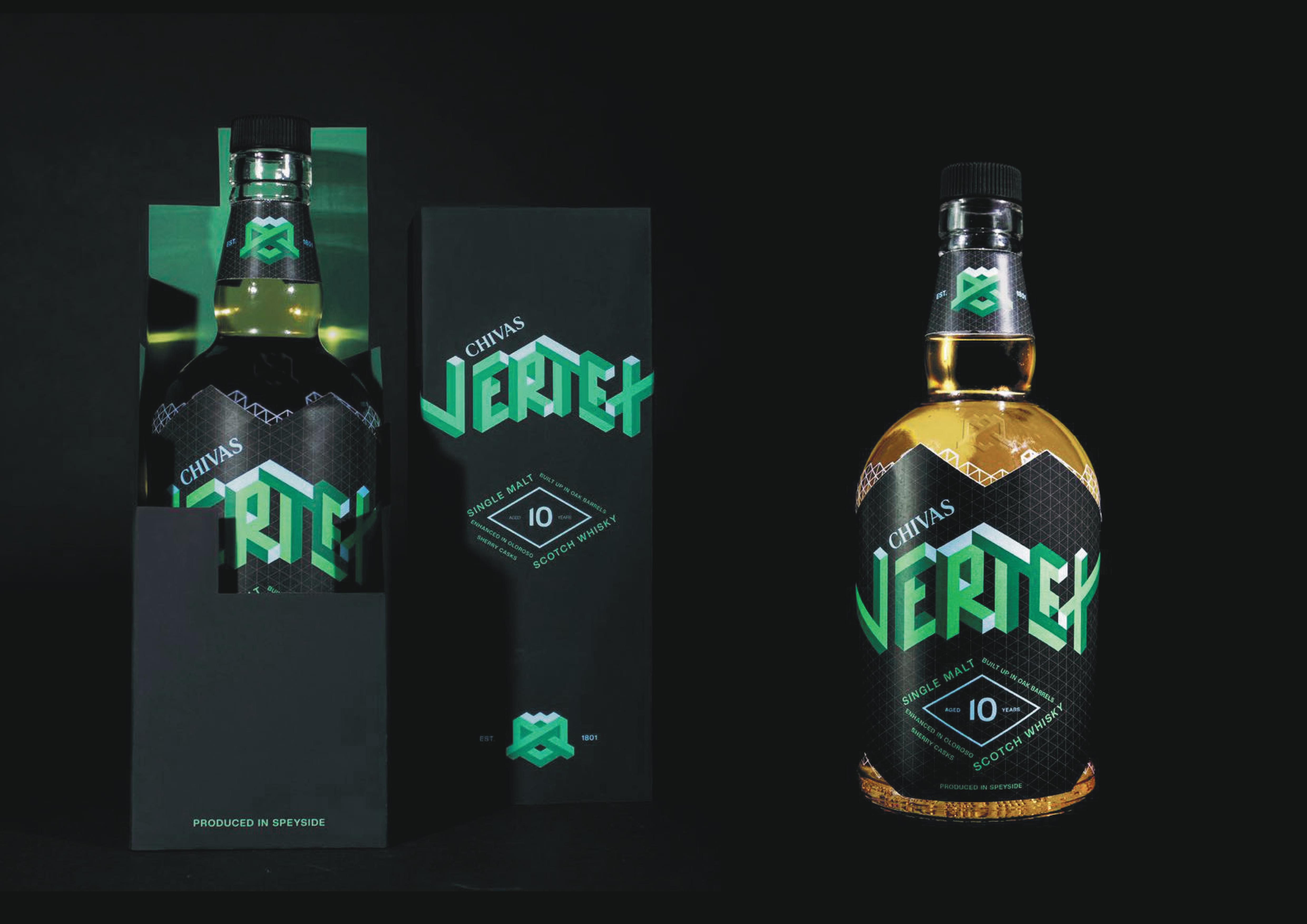 BA Graphic Design work by Niamh Sparrow showing a black whisky bottle and box designed using green 3D shapes which were made using perspective