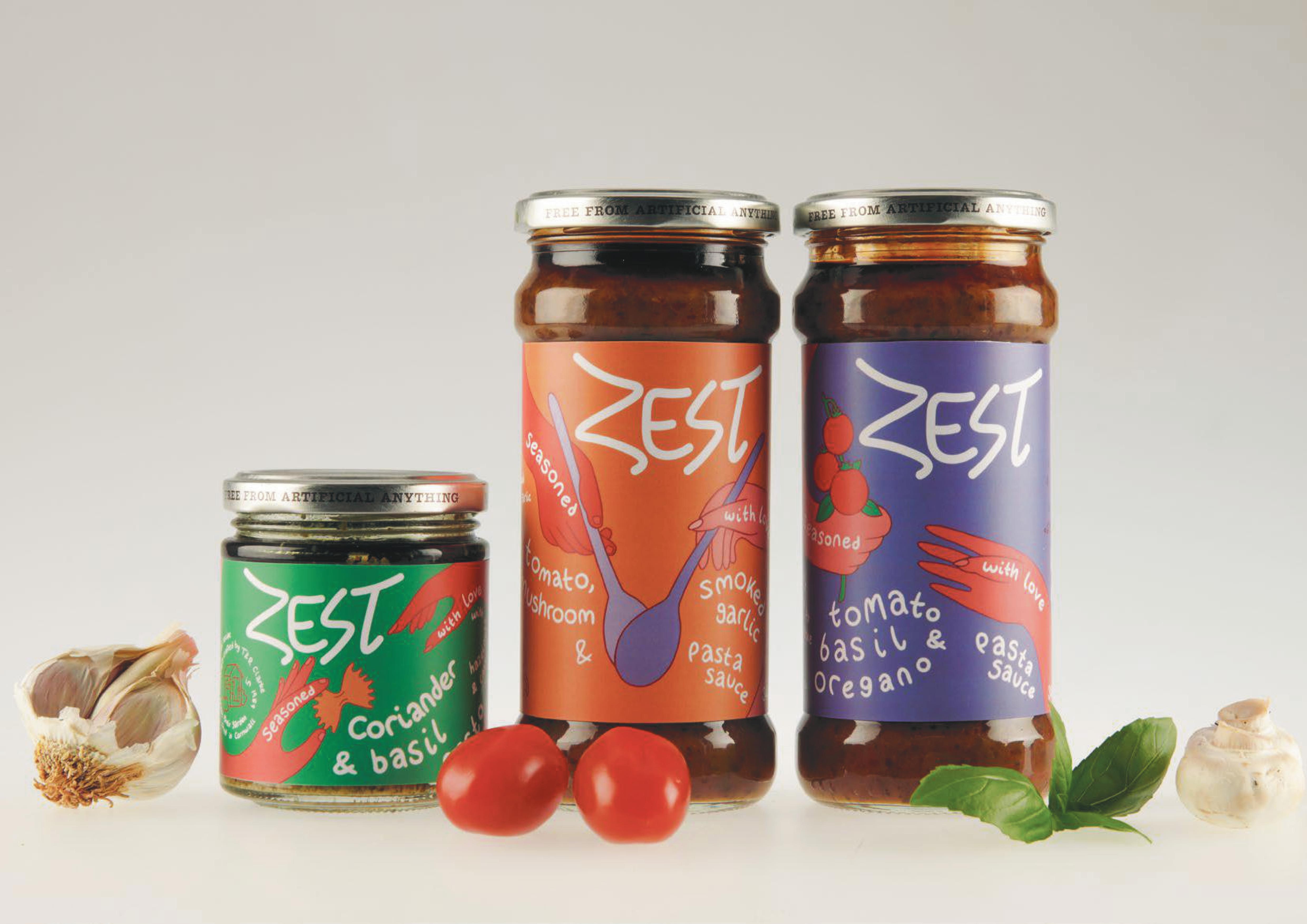 BA Graphic Design work by Niamh Sparrow showing two colourful illustrated hands coming together on three jars of pasta sauces