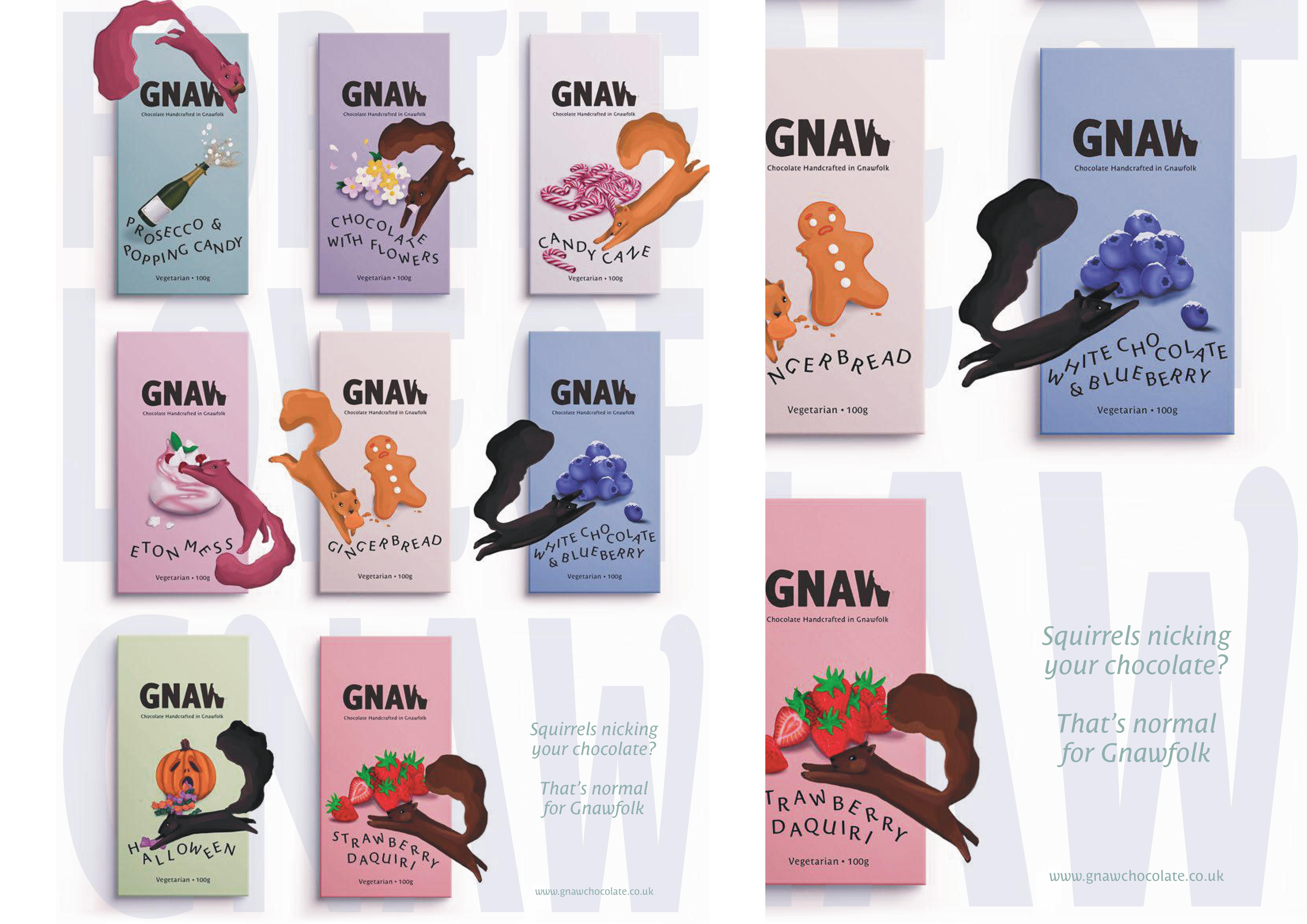 BA Graphic Design work by Niamh Sparrow showing colourful illustrations of ingredients for each chocolate flavour and illustrated squirrels messing up the typography stealing the stash of ingredients
