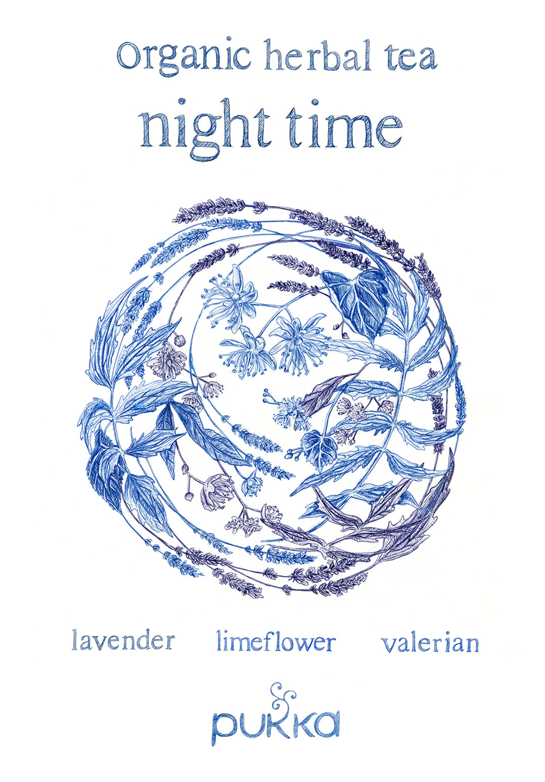 Dark blue and purple coloured pencil drawing of lavender, limeflower and valerian forming a circular composition in the centre of the poster. Complete with hand-rendered text.