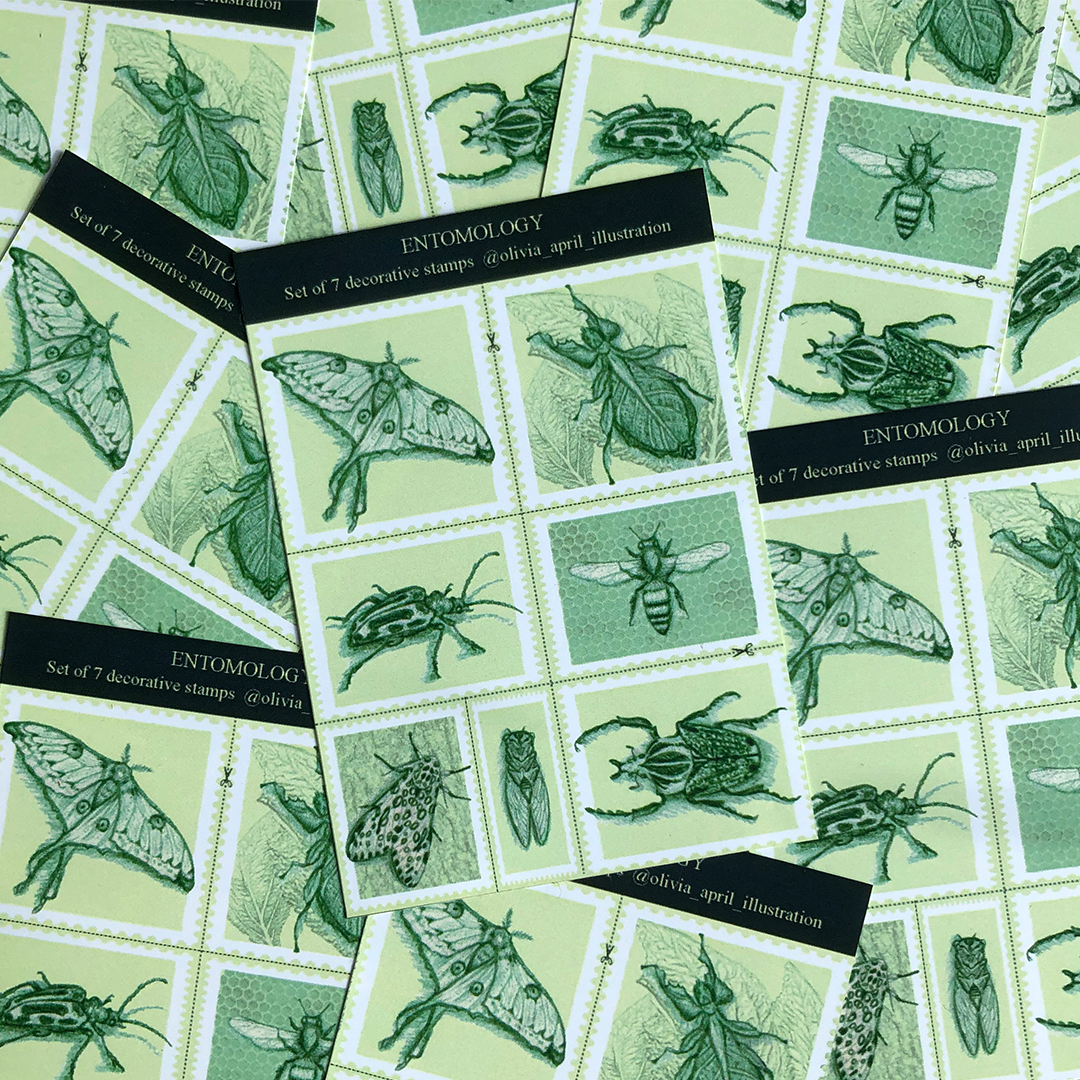 Set of 7 decorative stamps featuring green pencil drawings of a Comet moth, Leaf insect, Milkweed beetle, Honey bee, Giant leopard moth, Cicada & Goliath beetle.