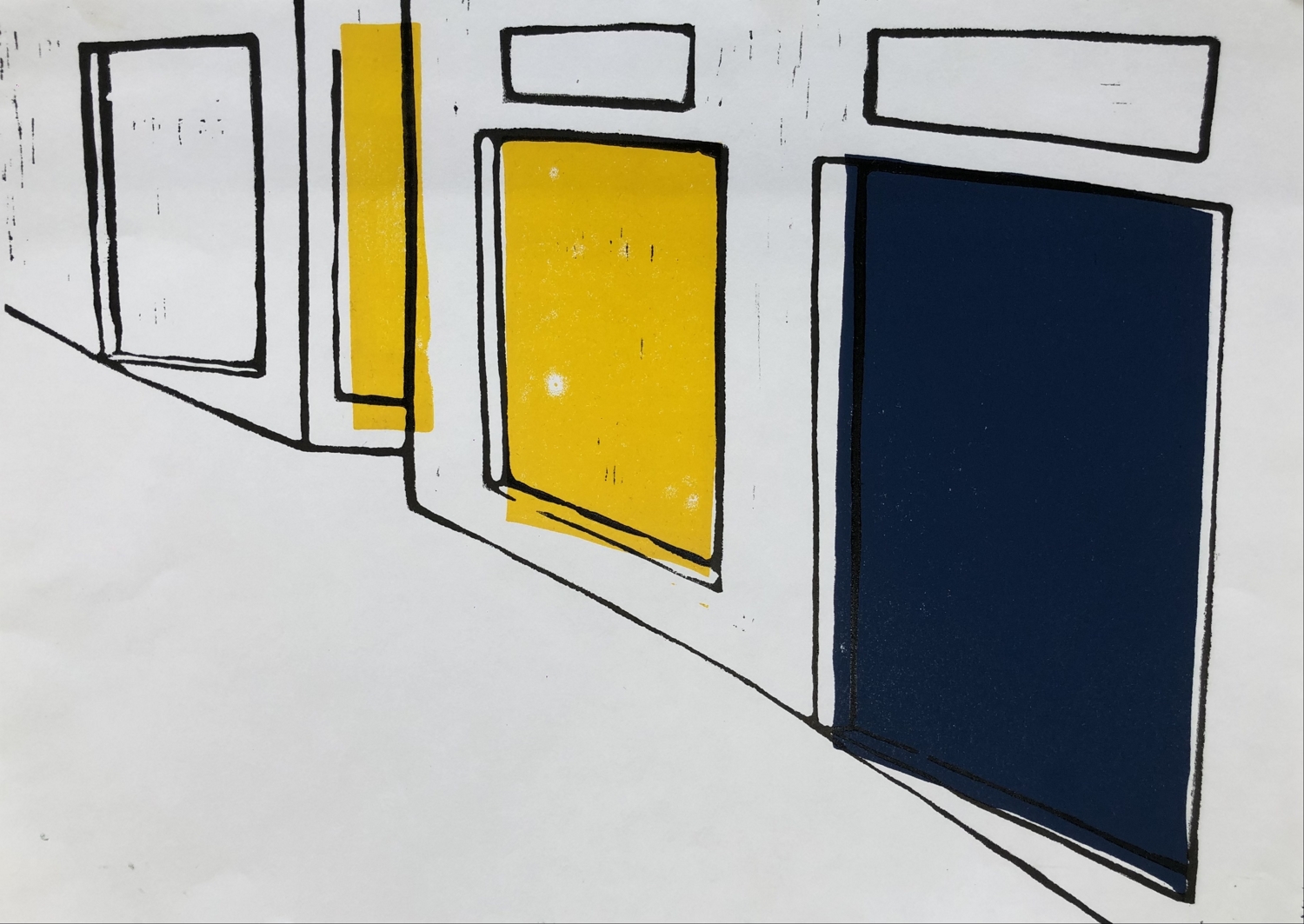 BA Fine Art work by Olivia Mays, showing a colourful abstract lino print