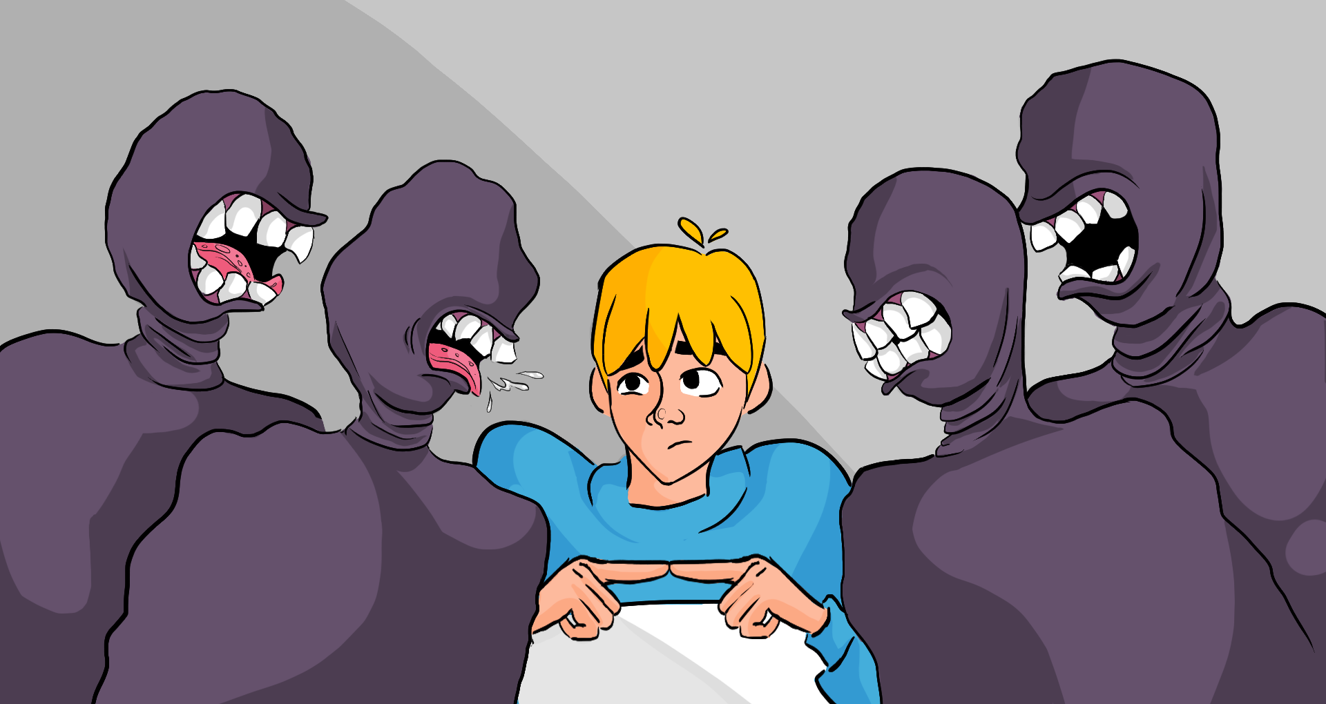 An animation piece by Olivia Tuff depicting a blonde haired boy with a blue shirt. The boy is sucked into a television and with the power of a magic remote, travels through different channels to look for the 13th Principle of animation.