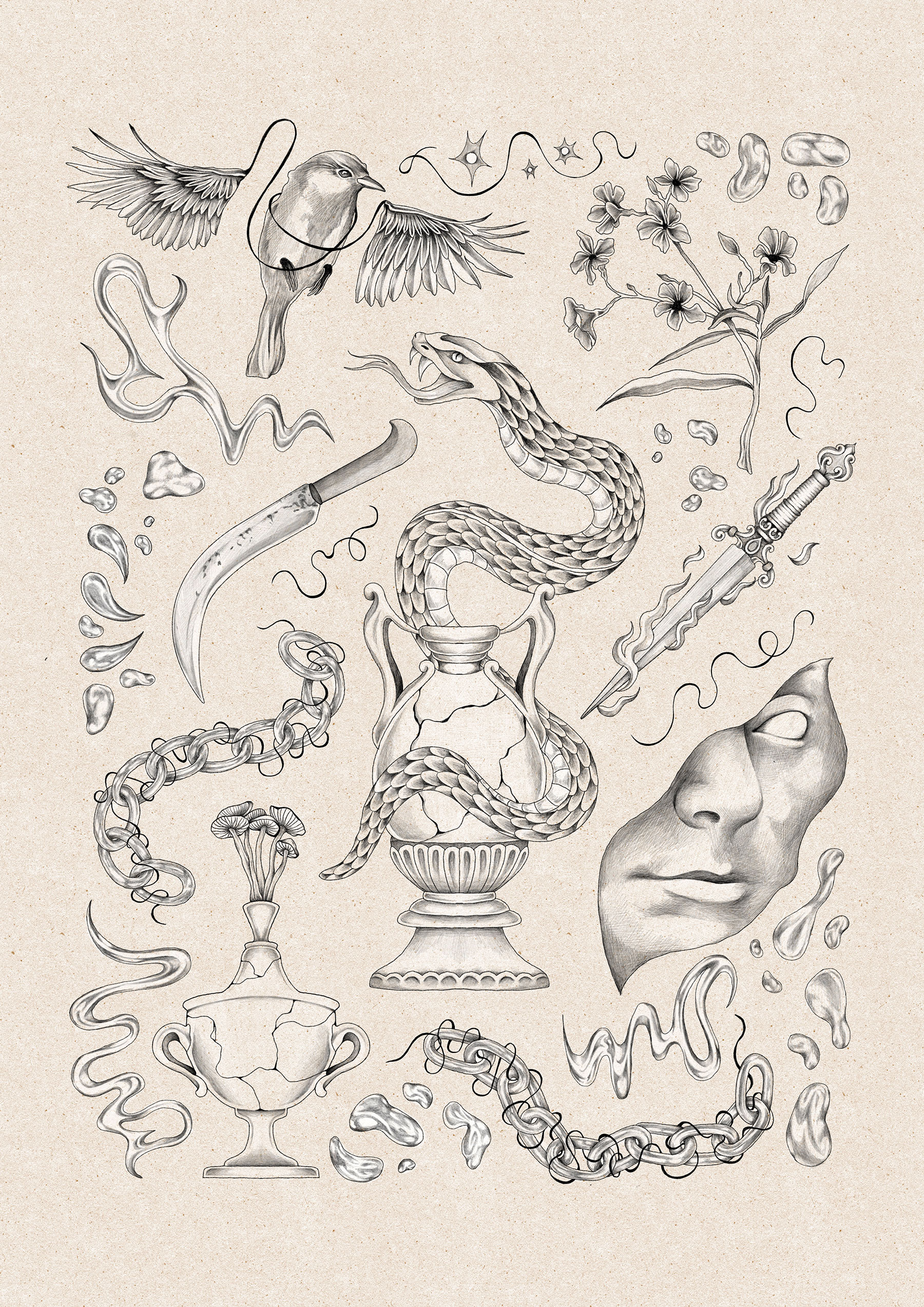 A digital tattoo flash sheet inspired by research into Wunderkammer: Cabinets of Curiosities.